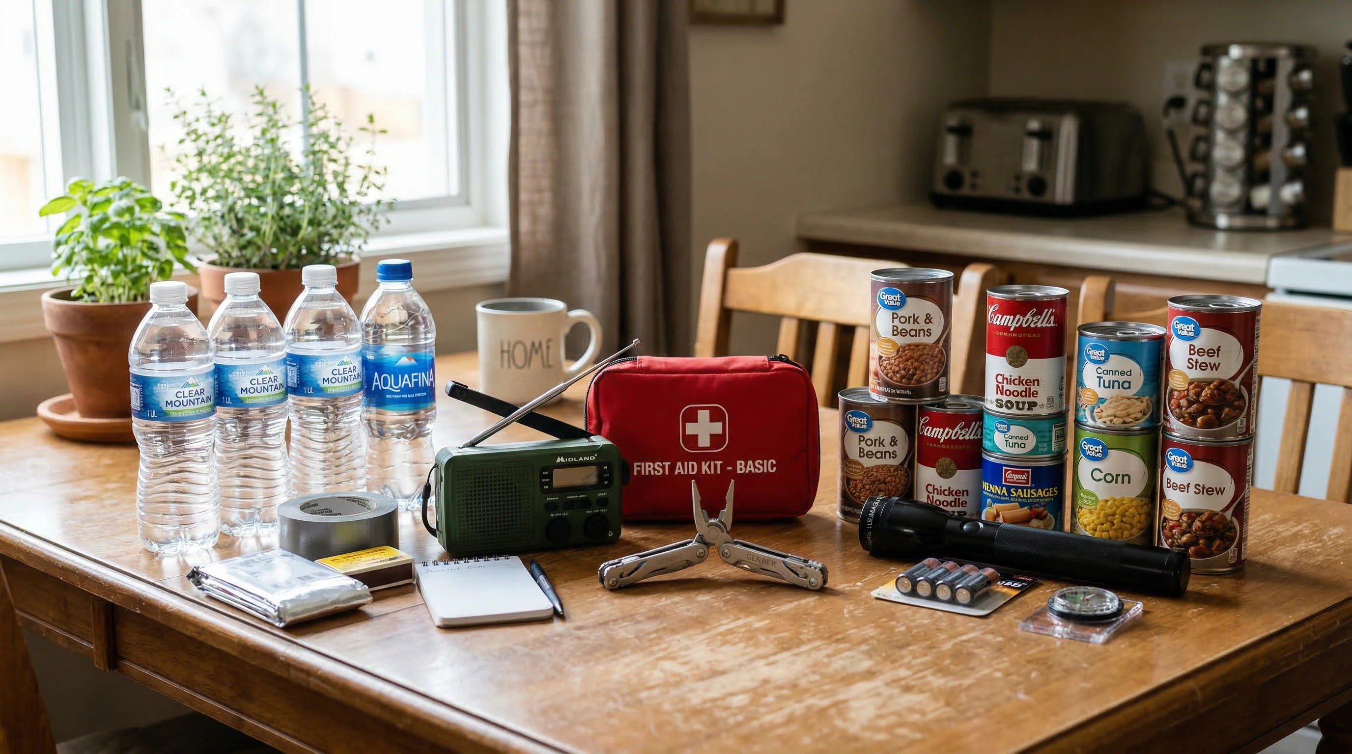 A collection of budget-friendly prepping supplies neatly arranged on a kitchen table, including water bottles, canned food, flashlight, radio, first aid kit, and a multi-tool.