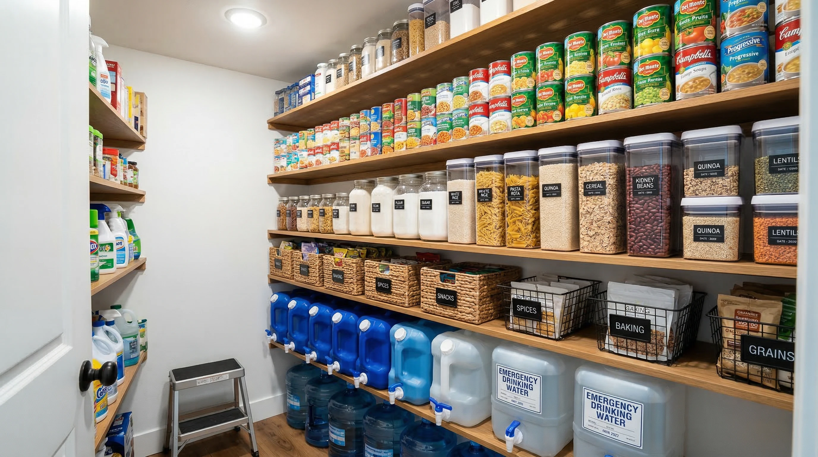 Long term emergency food storage supplies - buckets, cans, and jars in pantry shelves