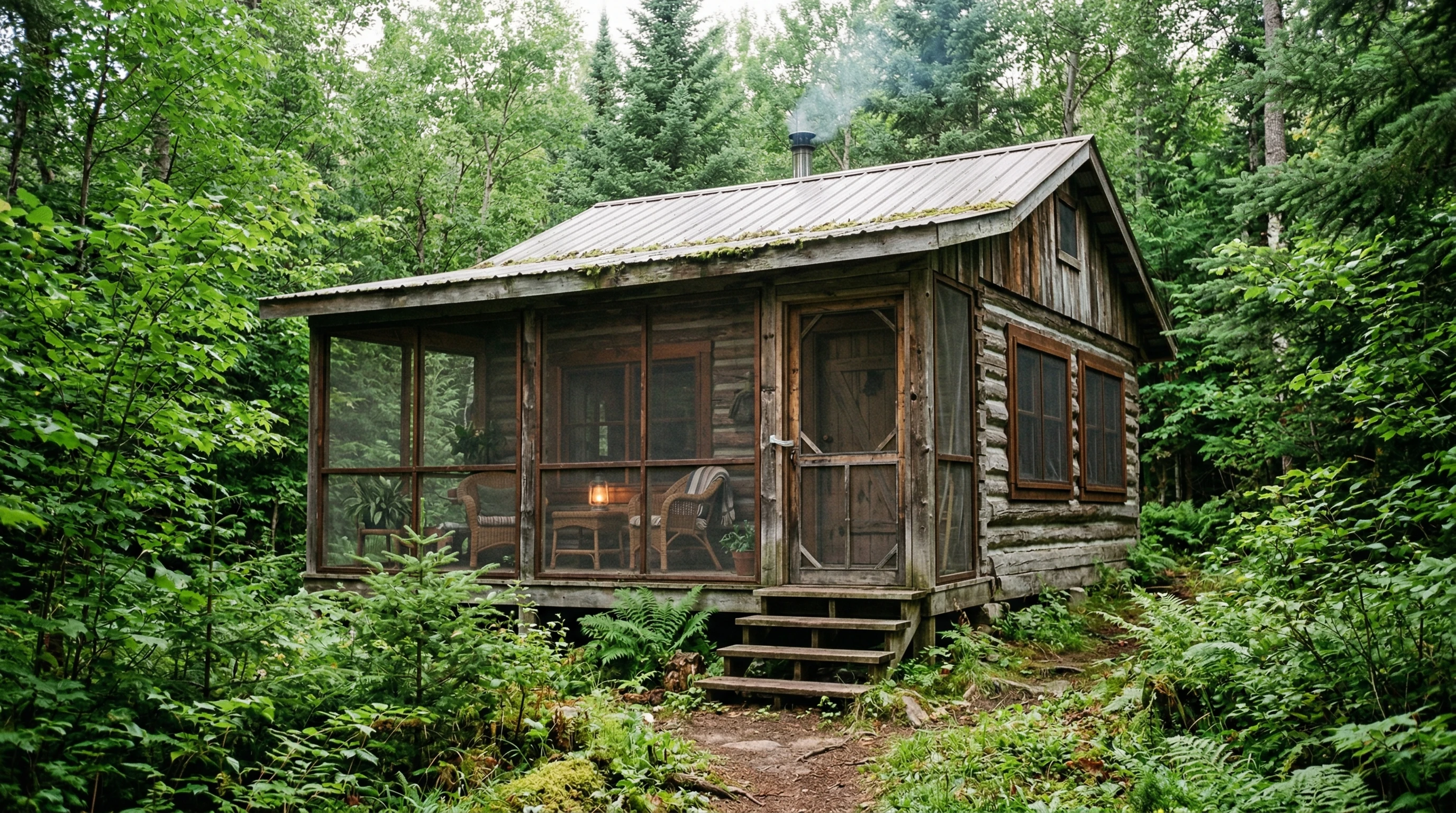Off-grid cabin surrounded by nature, with a screened porch and mosquito netting visible. Lush greenery and forest all around, hinting at peace and the presence of bugs.