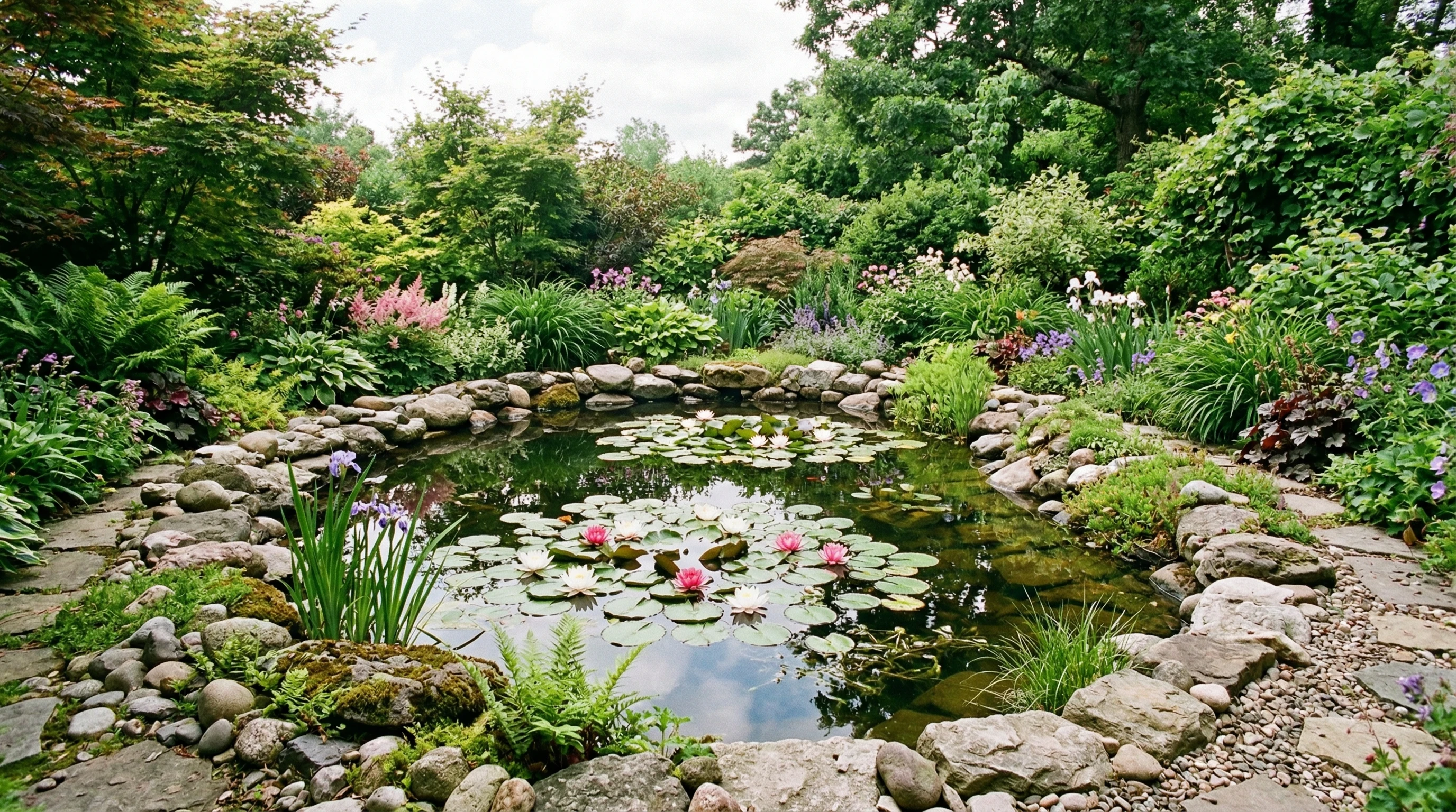 A scenic backyard pond with water lilies, surrounded by stones and lush greenery