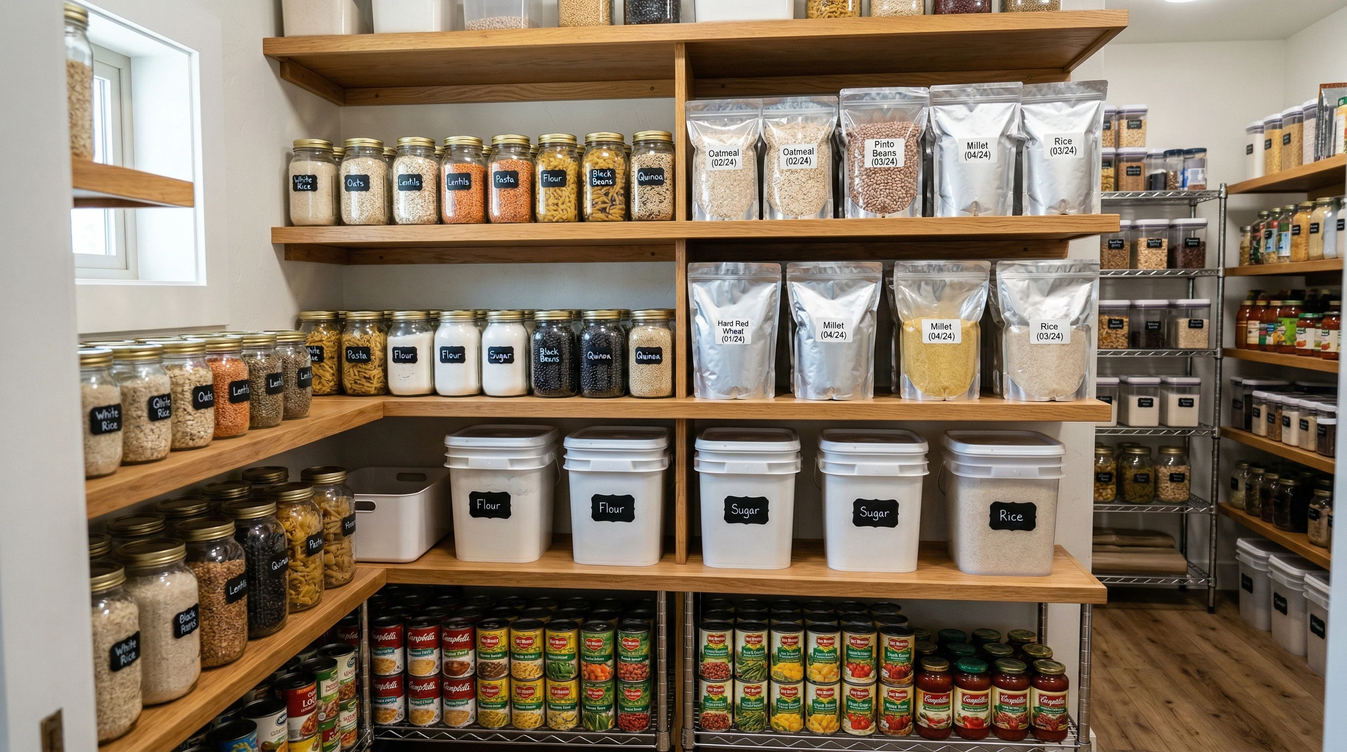An organized pantry with various long-term storage foods in mylar bags, mason jars, and buckets.