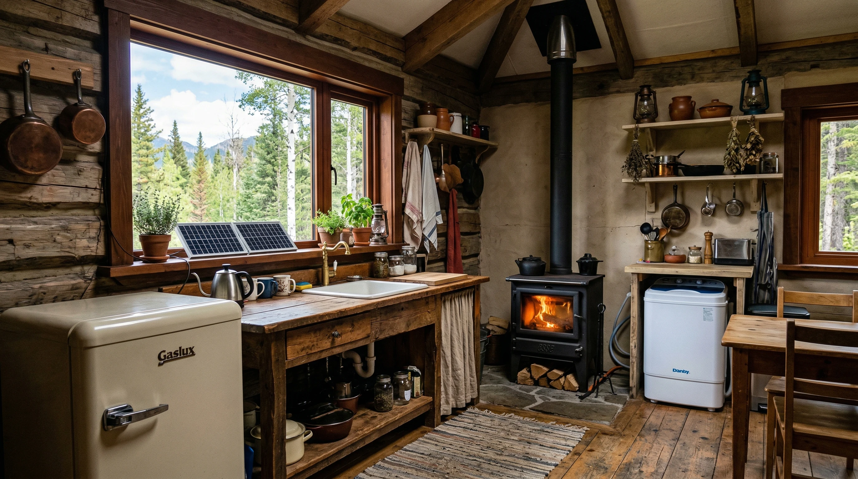 off grid appliances in a rustic kitchen with propane fridge, wood stove, and solar-powered lights