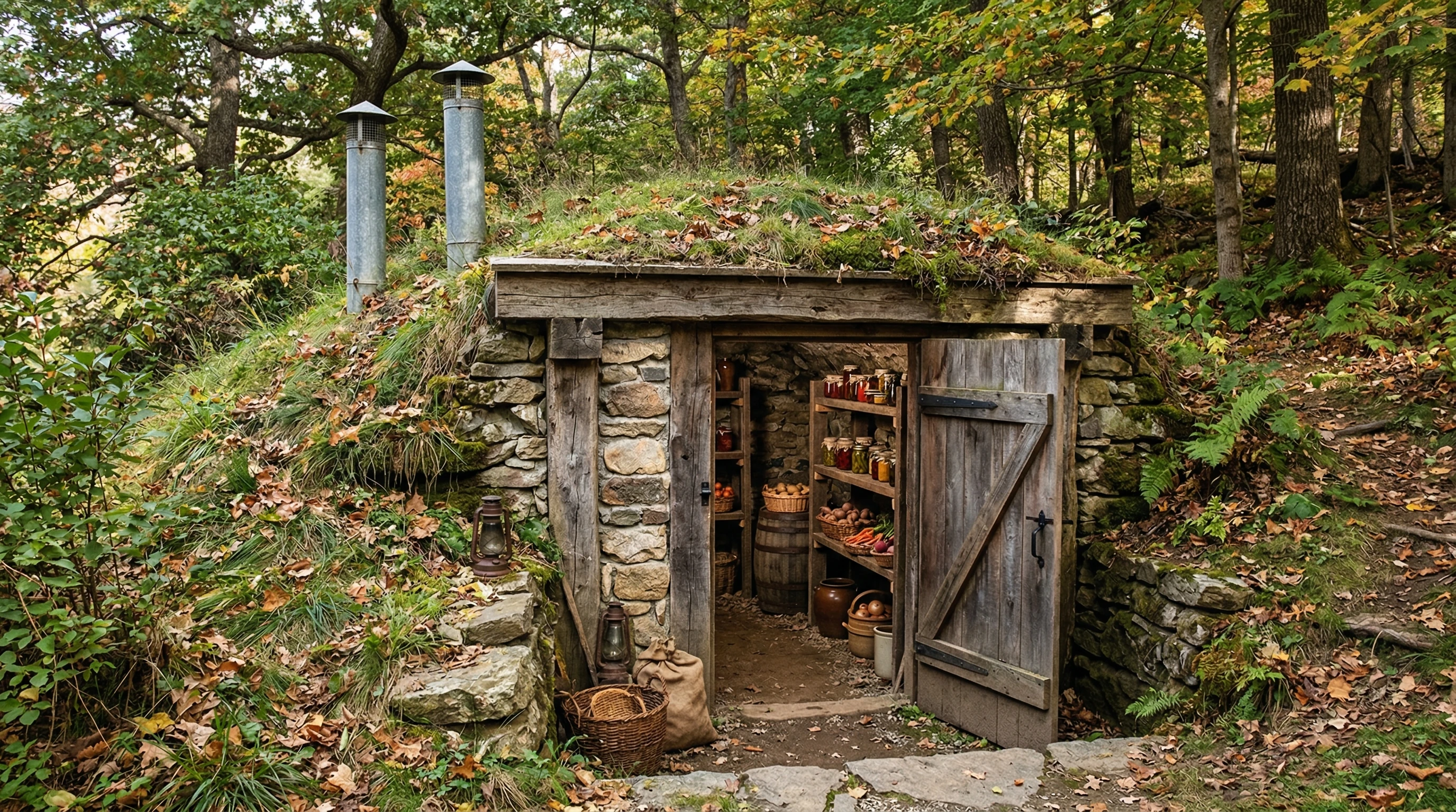 Underground root cellar built from stone and wood, with vent pipes