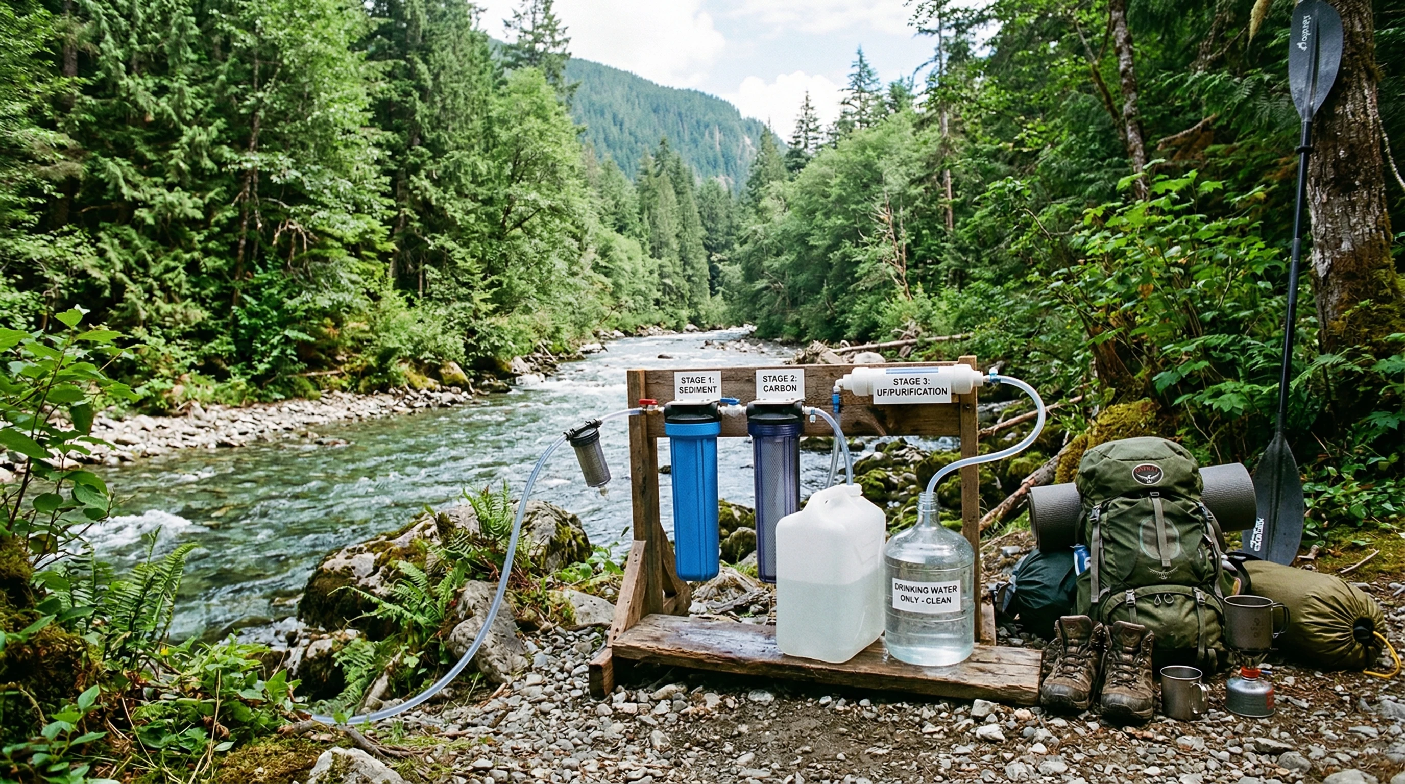 Off-grid water filtration system in a lush, remote setting near a river, featuring various filter types and clean water containers beside rustic outdoor gear