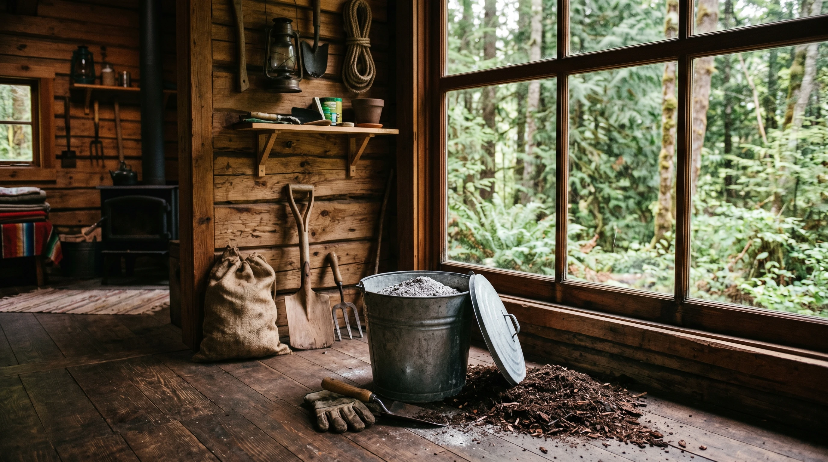 A tidy pile of wood ash with natural forest backdrop, surrounded by gardening tools and a metal ash bucket.