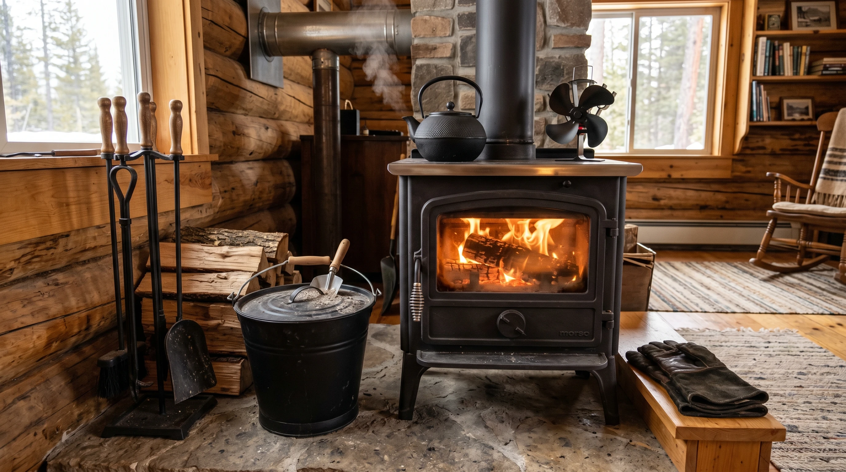 wood stove accessories kit neatly arranged around a cast iron wood burner in a rustic off-grid cabin