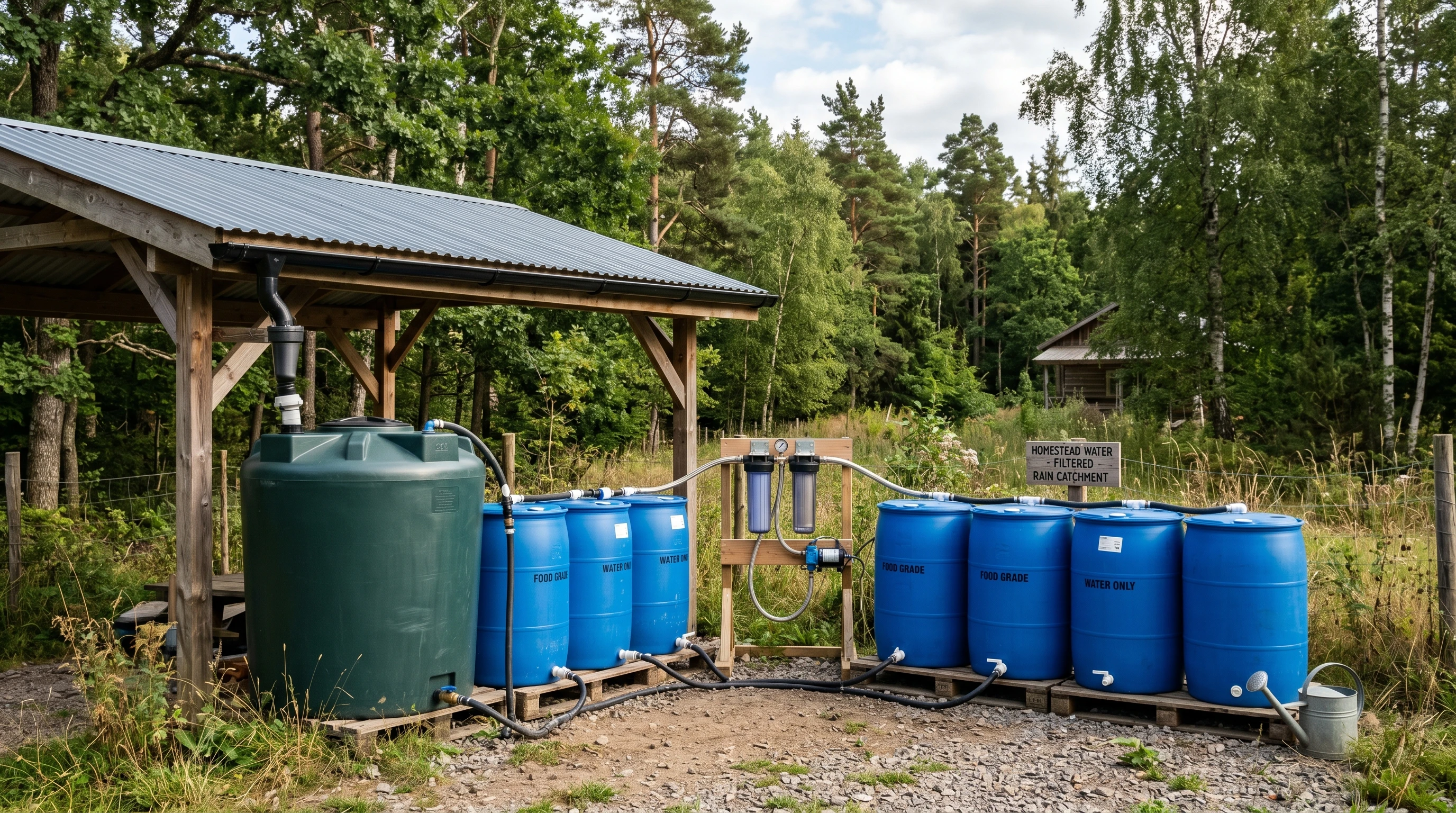 Rainwater barrels and blue water storage tanks set up beside a wooden shed on a homestead, green trees in the background.