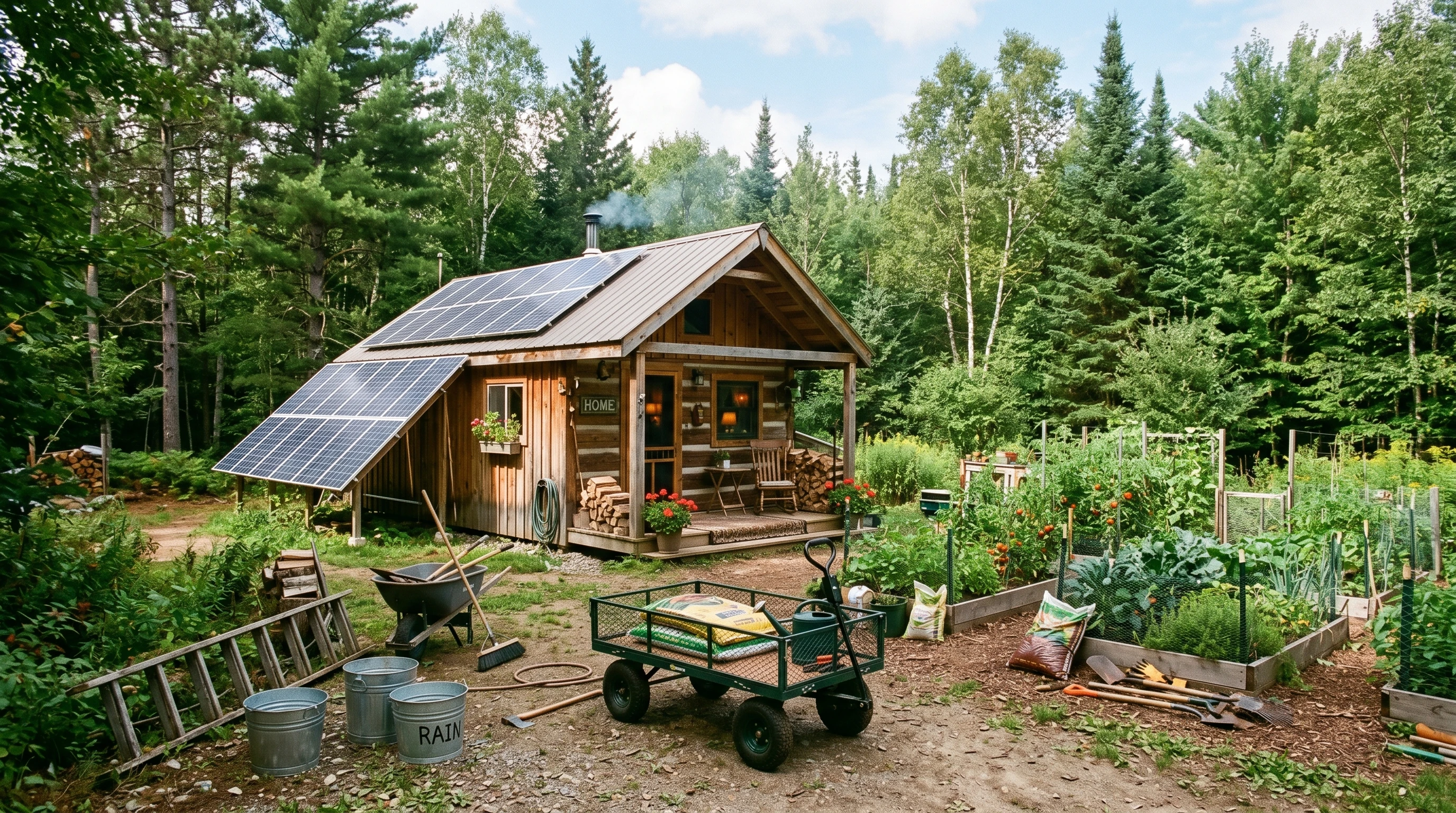 A well-equipped off-grid cabin with various tools and solar panels outside, surrounded by trees and a vegetable garden.