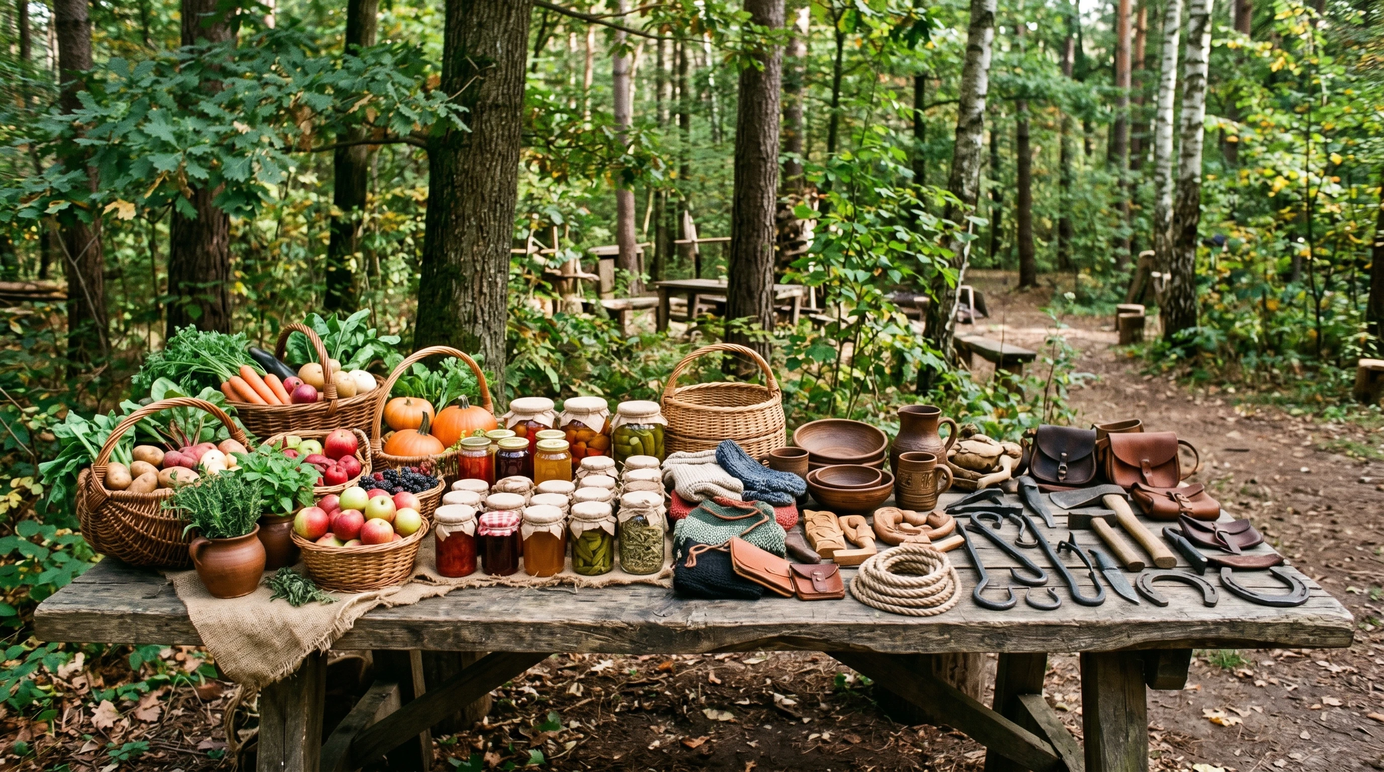 A rustic table covered in garden vegetables, eggs, homemade soap, hand tools, jars of preserves, and bundles of firewood, set outdoors in a forest clearing.