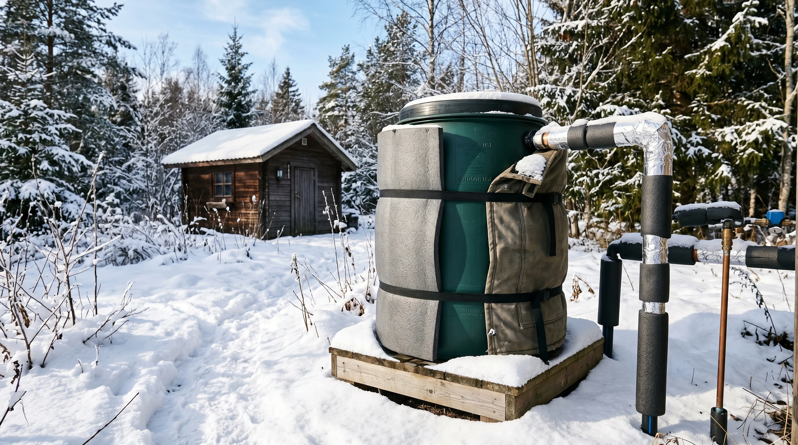Insulated water barrels and pipes in snowy off-grid setup