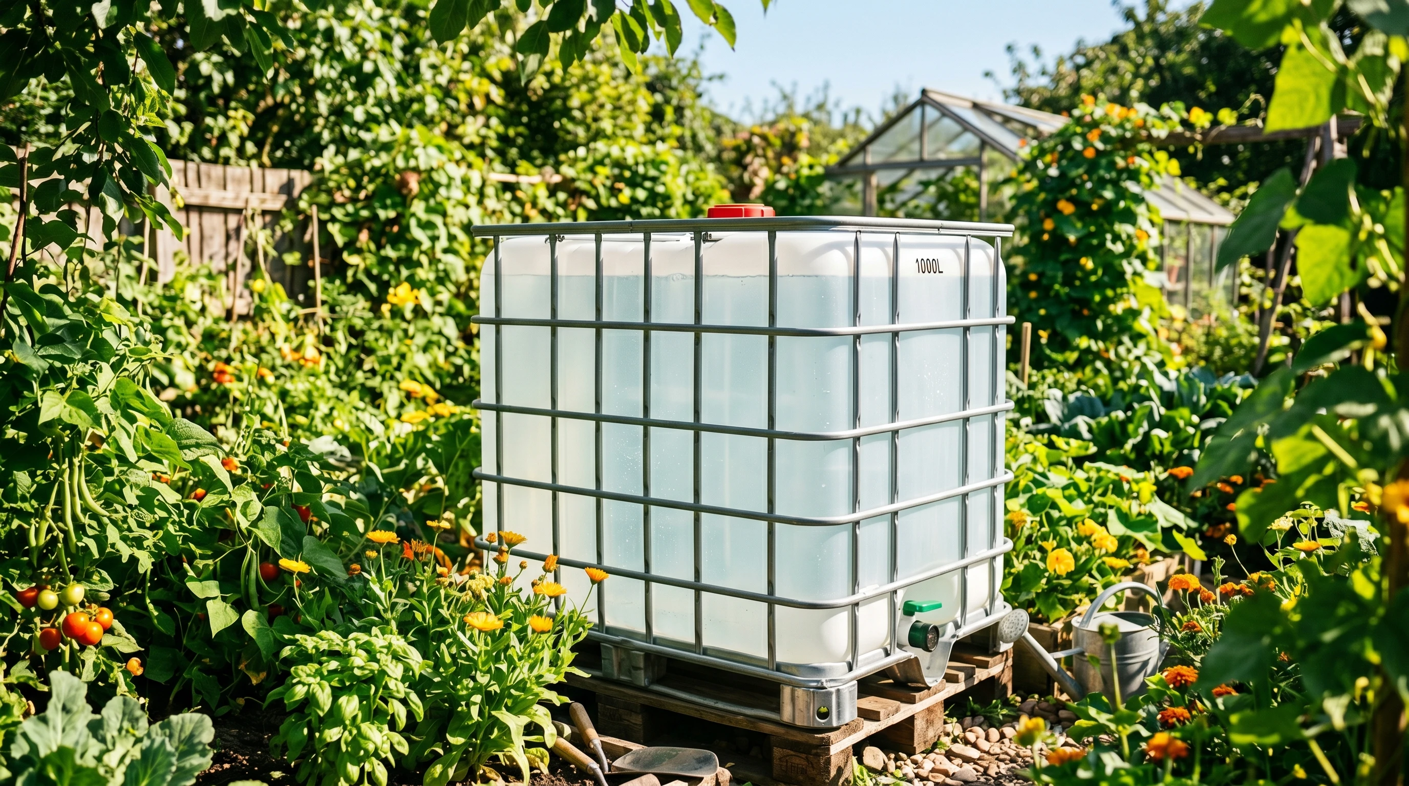 A close-up shot of a clean IBC tote in a garden setting, filled with clear water, surrounded by plants and sunlight.
