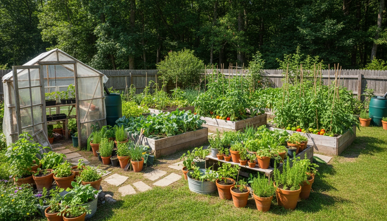 Raised garden beds and container growing in a small backyard, surrounded by green leafy vegetables and herbs.