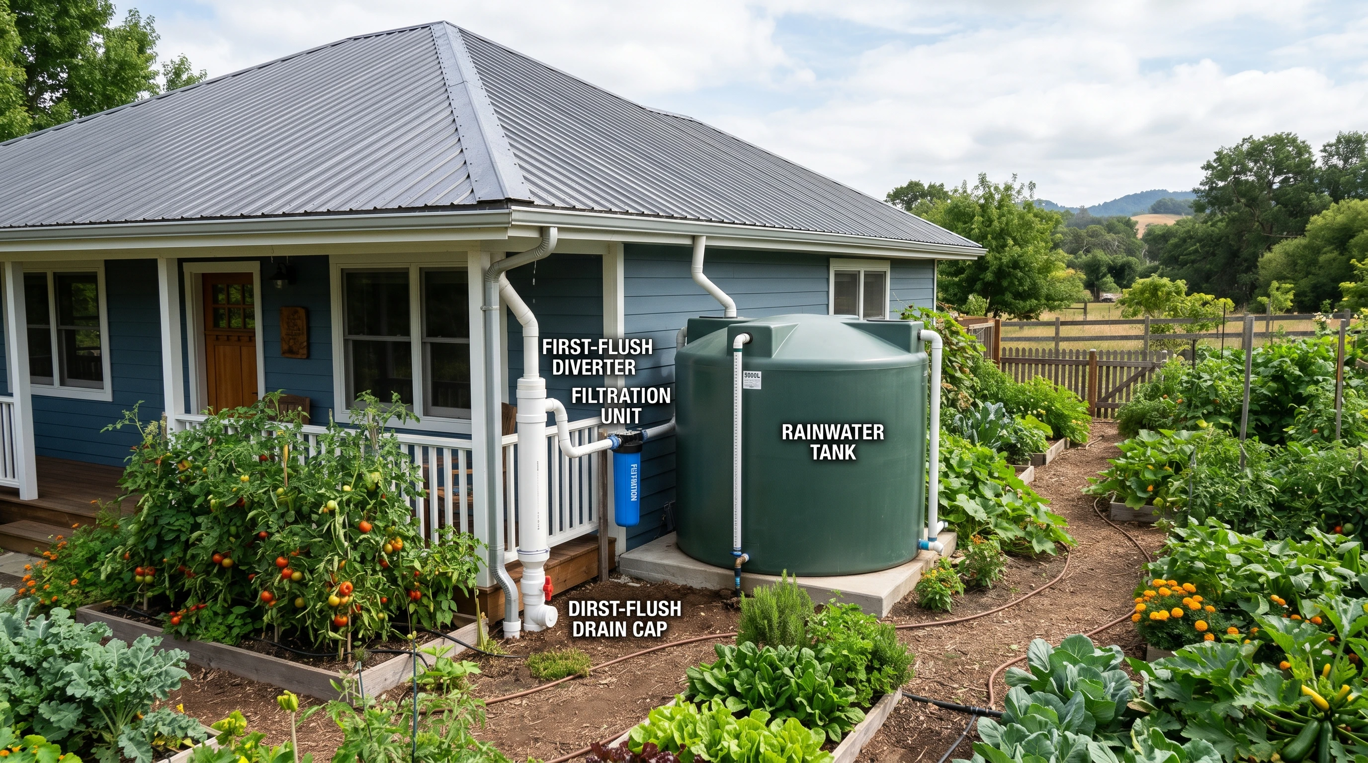 Clean rainwater harvesting setup including roof, gutters, filter, and storage tank