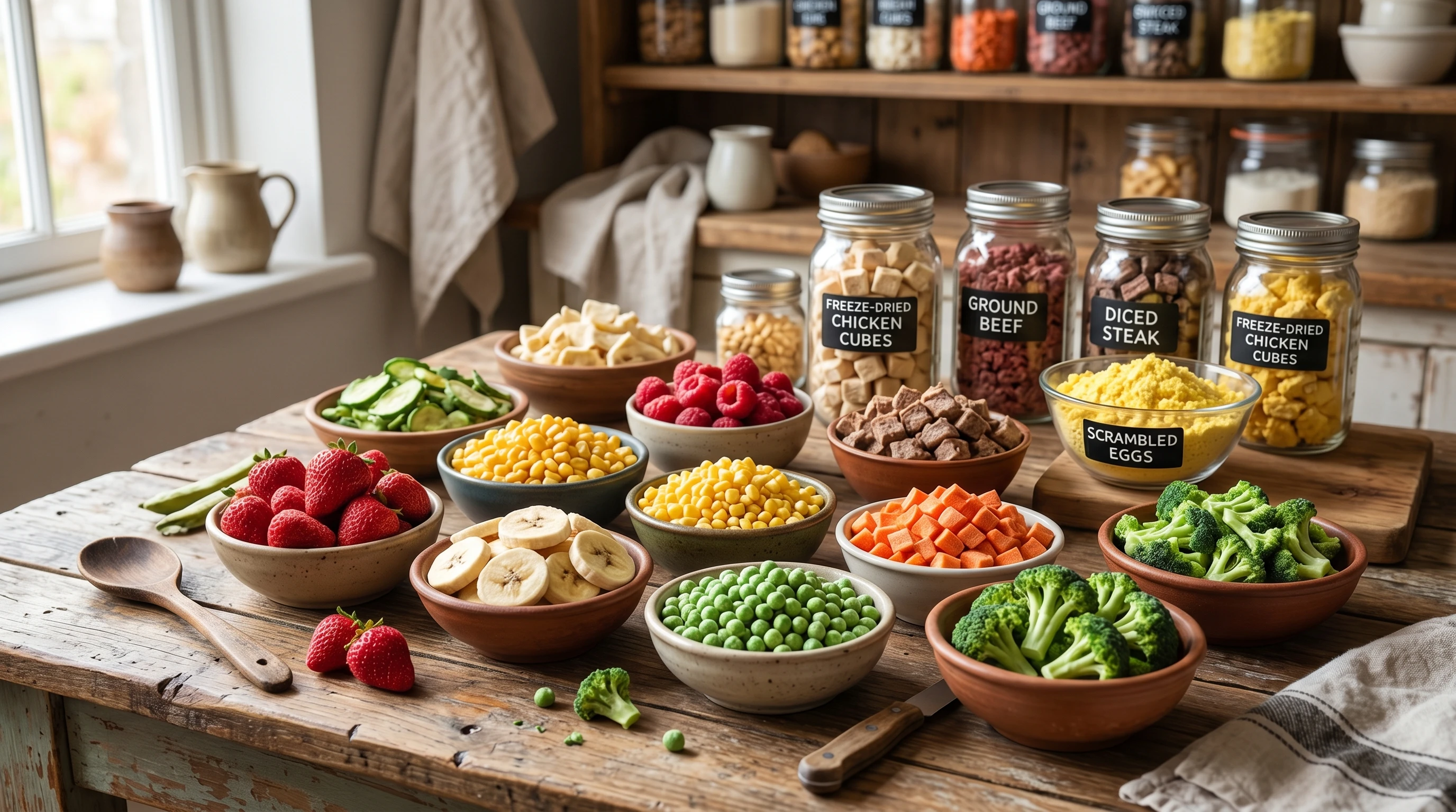 Assorted freeze dried fruits and vegetables on a table