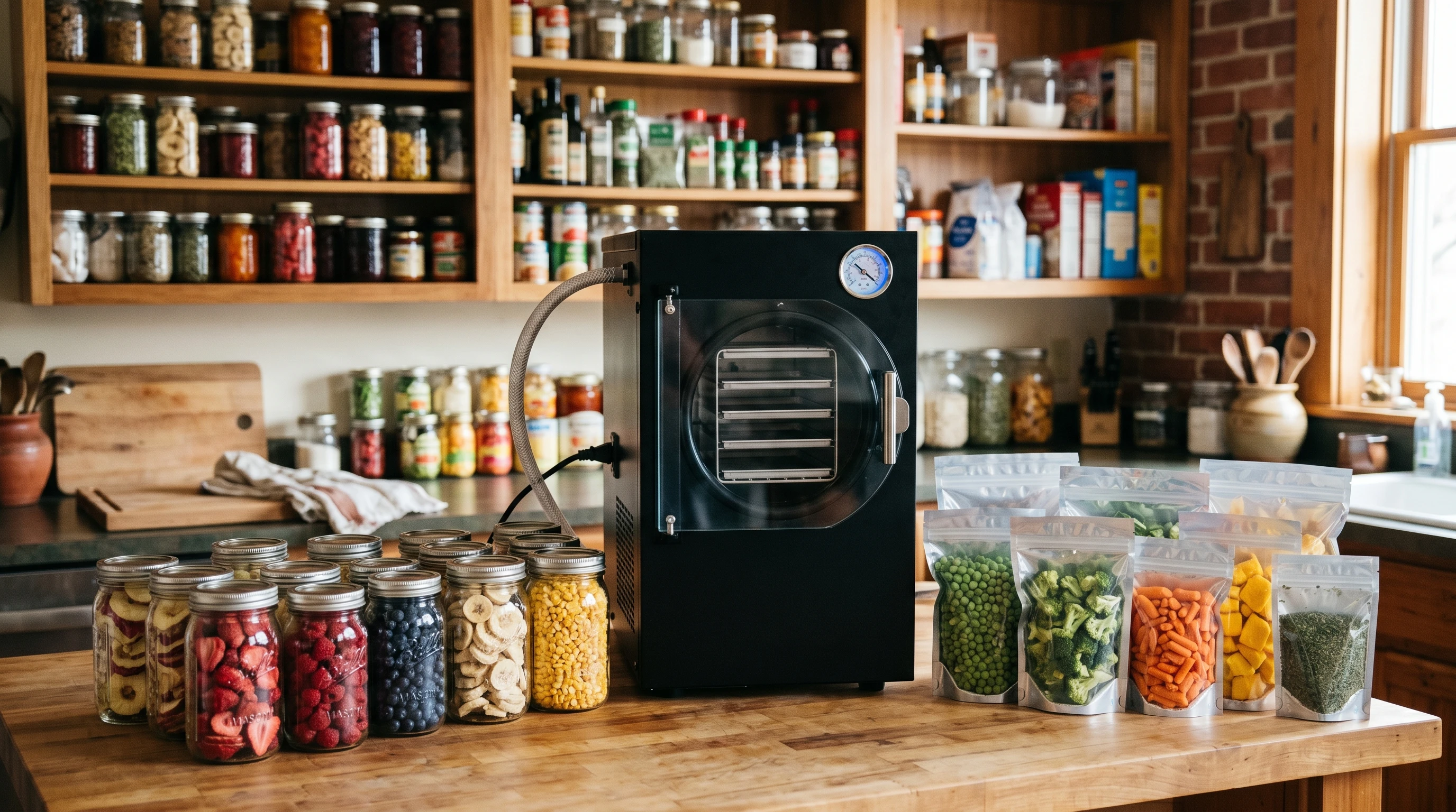 Freeze dried foods and home freeze dryer on a kitchen countertop