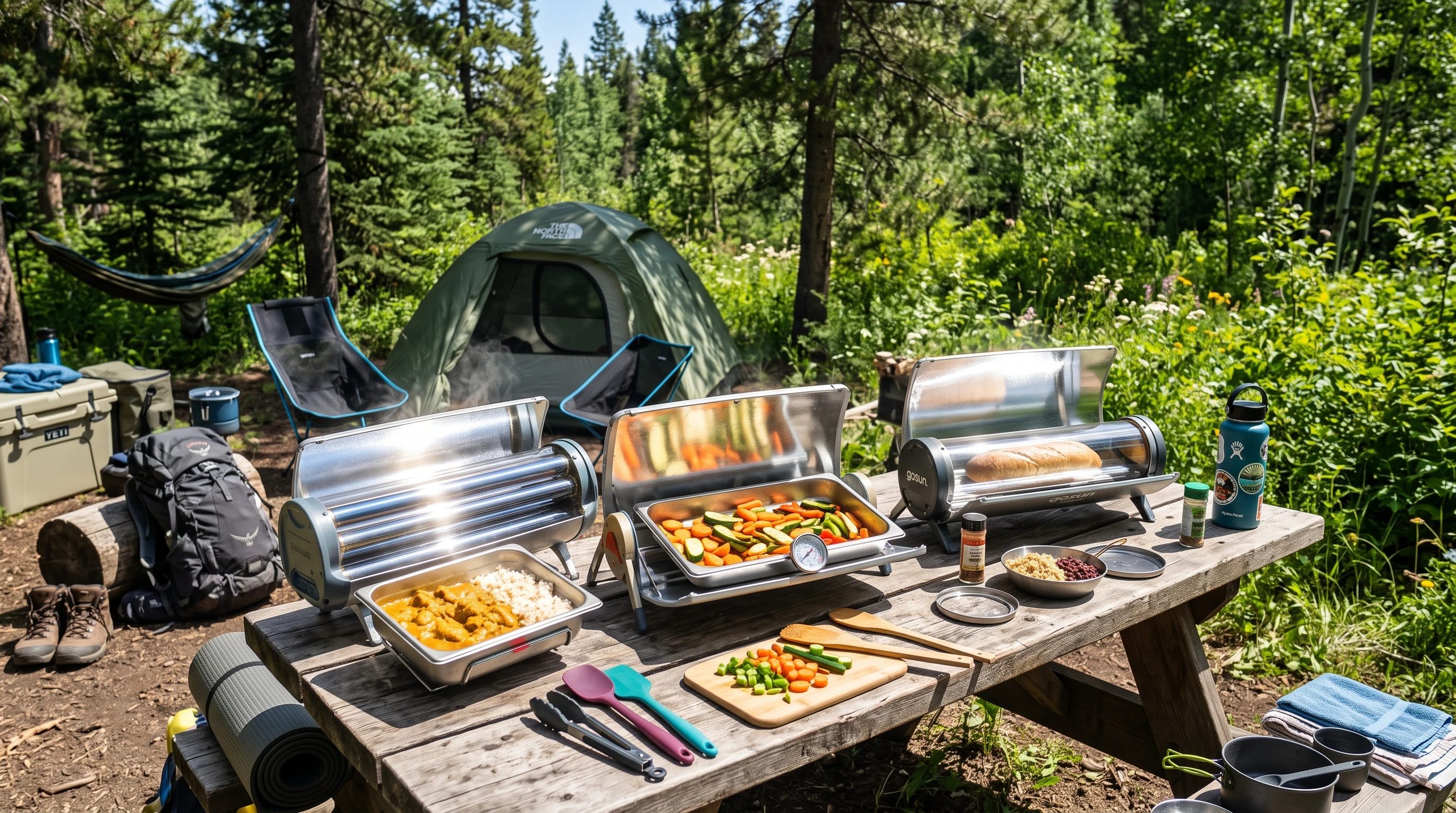 GoSun Solar Ovens being used on a wooden picnic table outdoors under bright sunlight, with food inside and various ingredients nearby