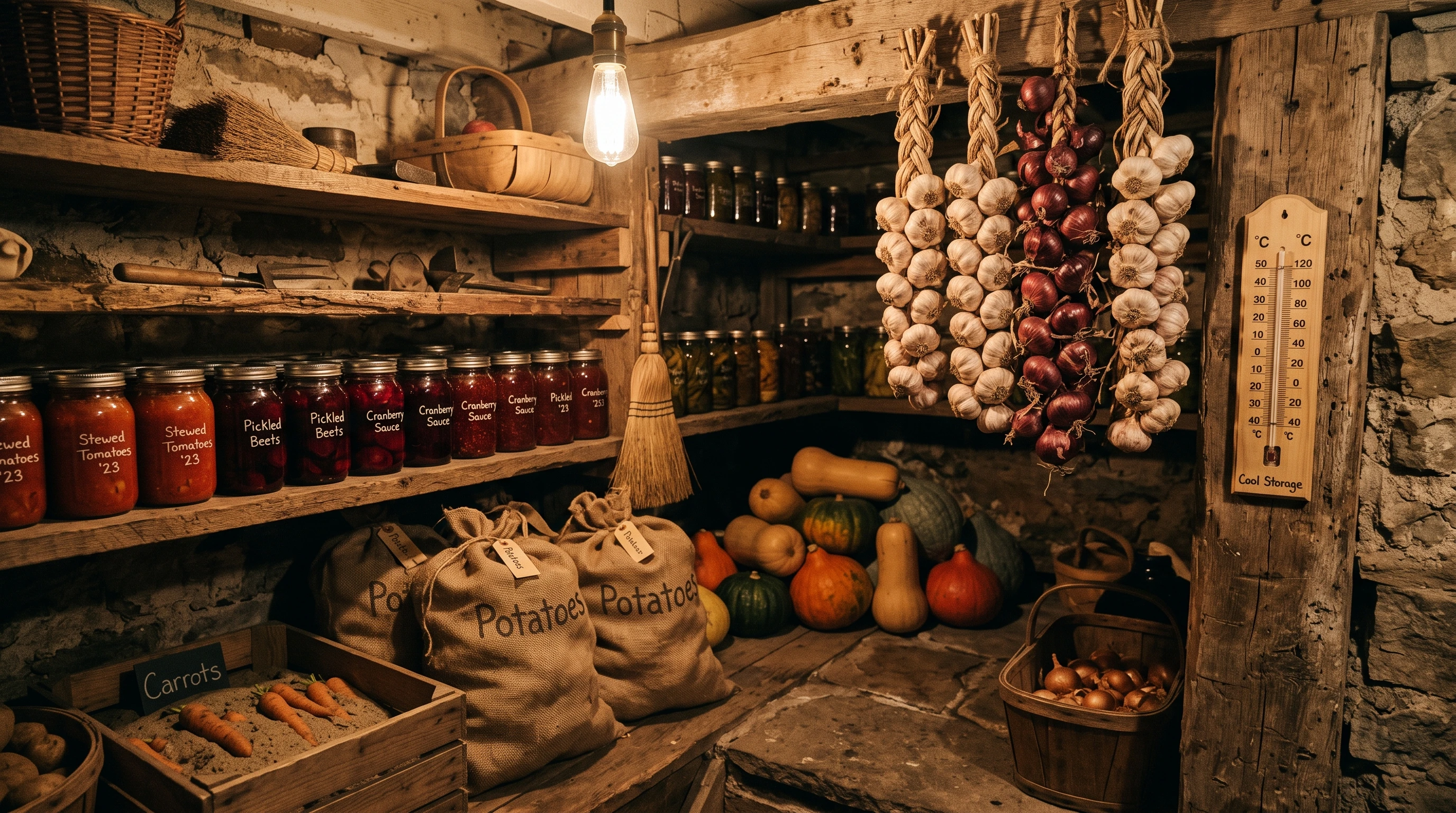 crates of root vegetables stored in a cool, dark basement on wooden racks