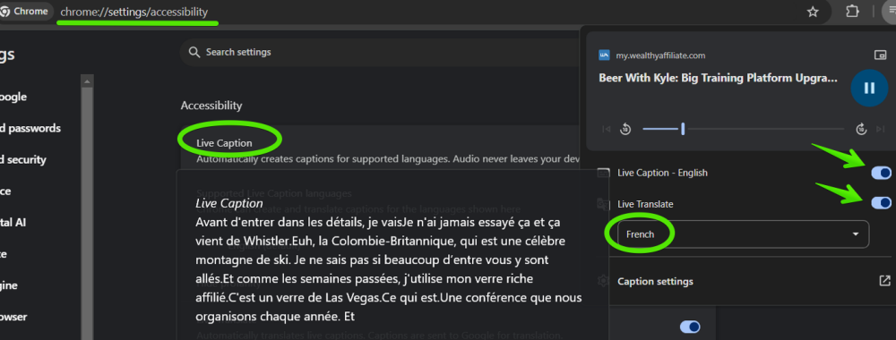 Live Caption enabled, and Live Translate set to French