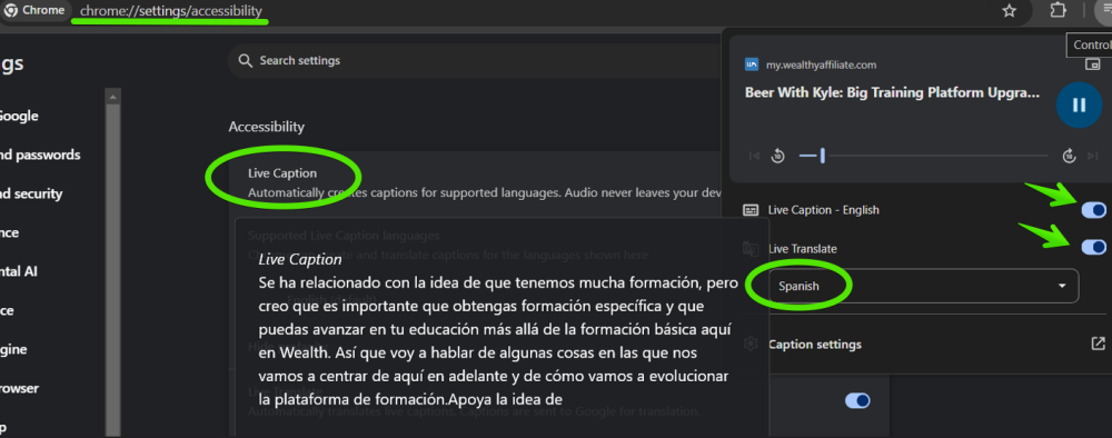 Live Caption translating captions into Spanish