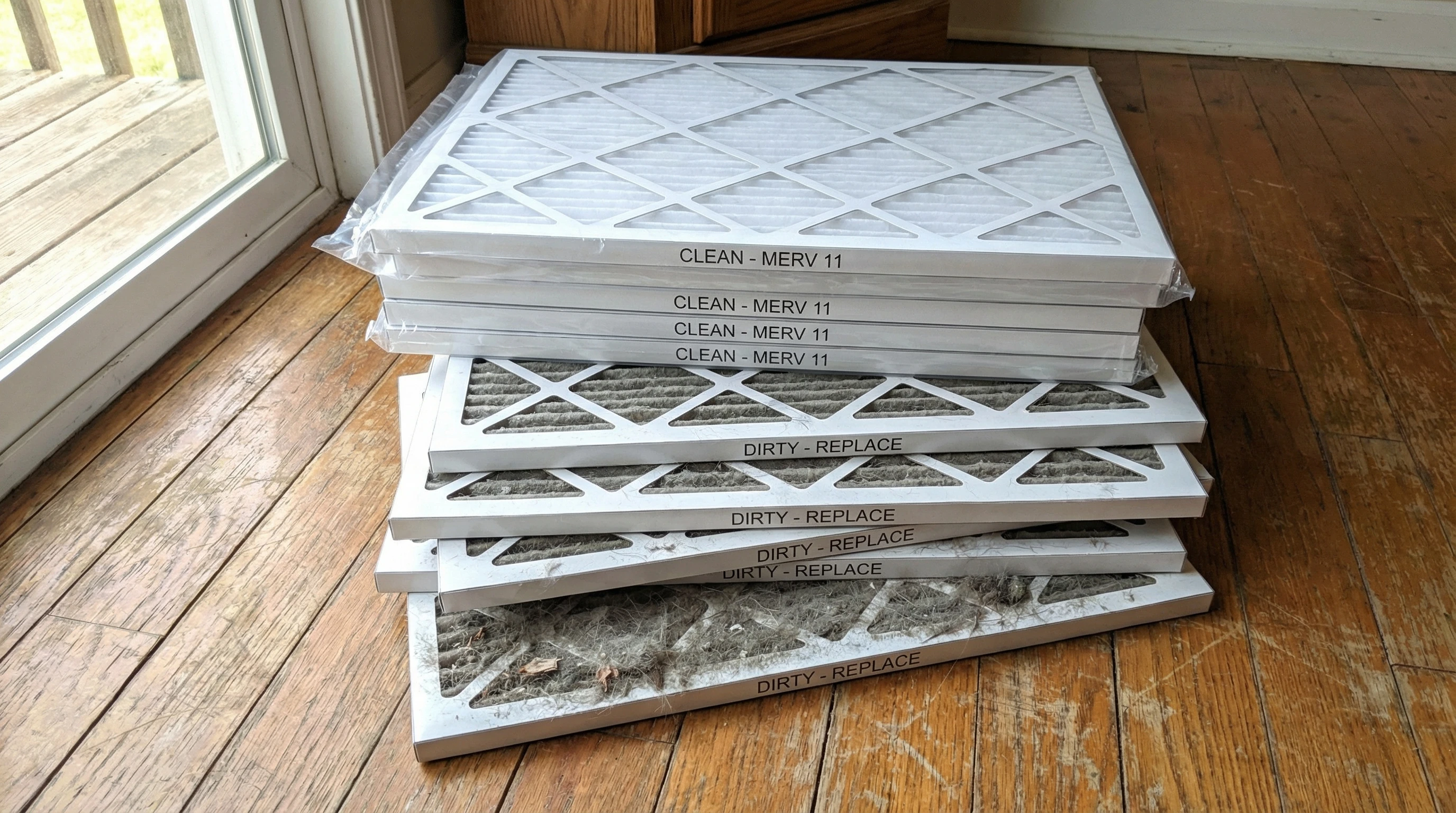 A stack of clean and used home air filters with visible dust and debris