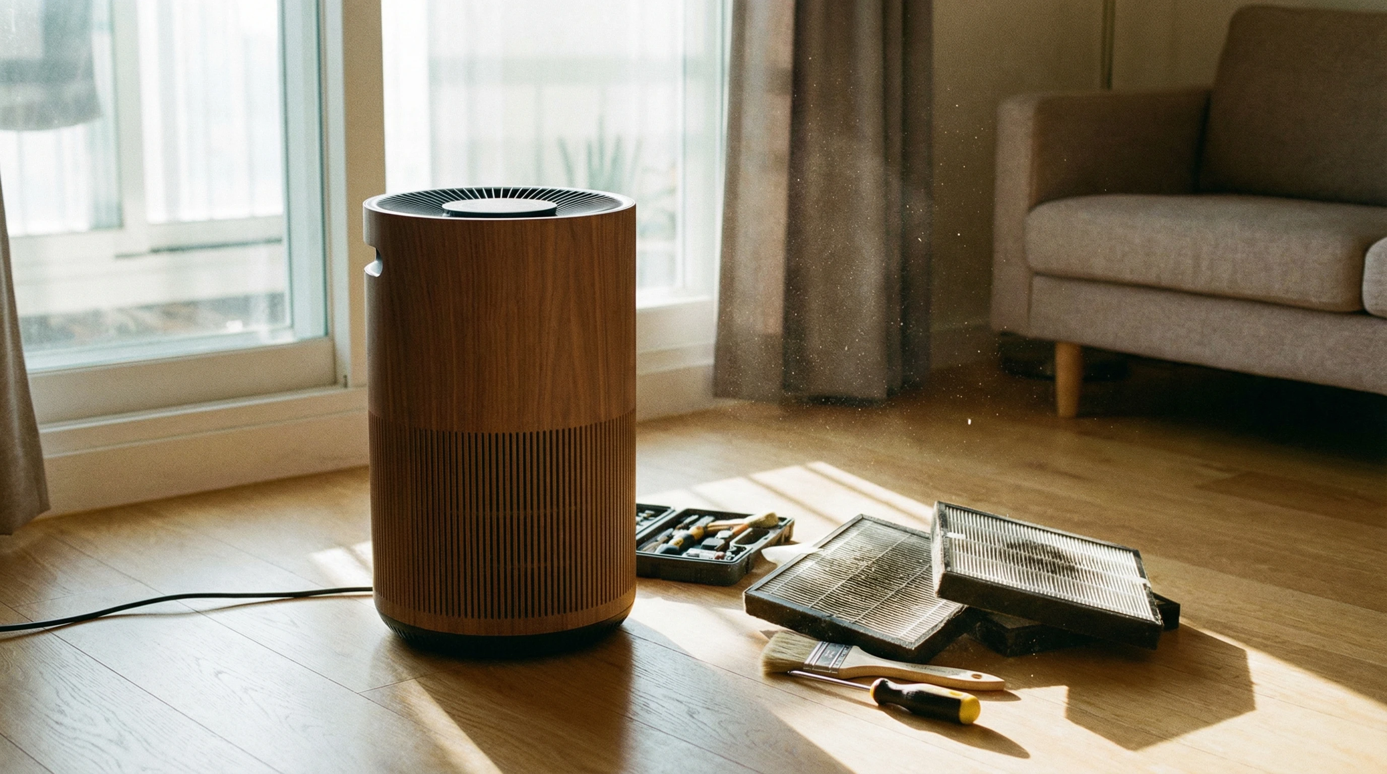 Clean air purifier with open panel exposing filter and simple cleaning tools arranged nearby.