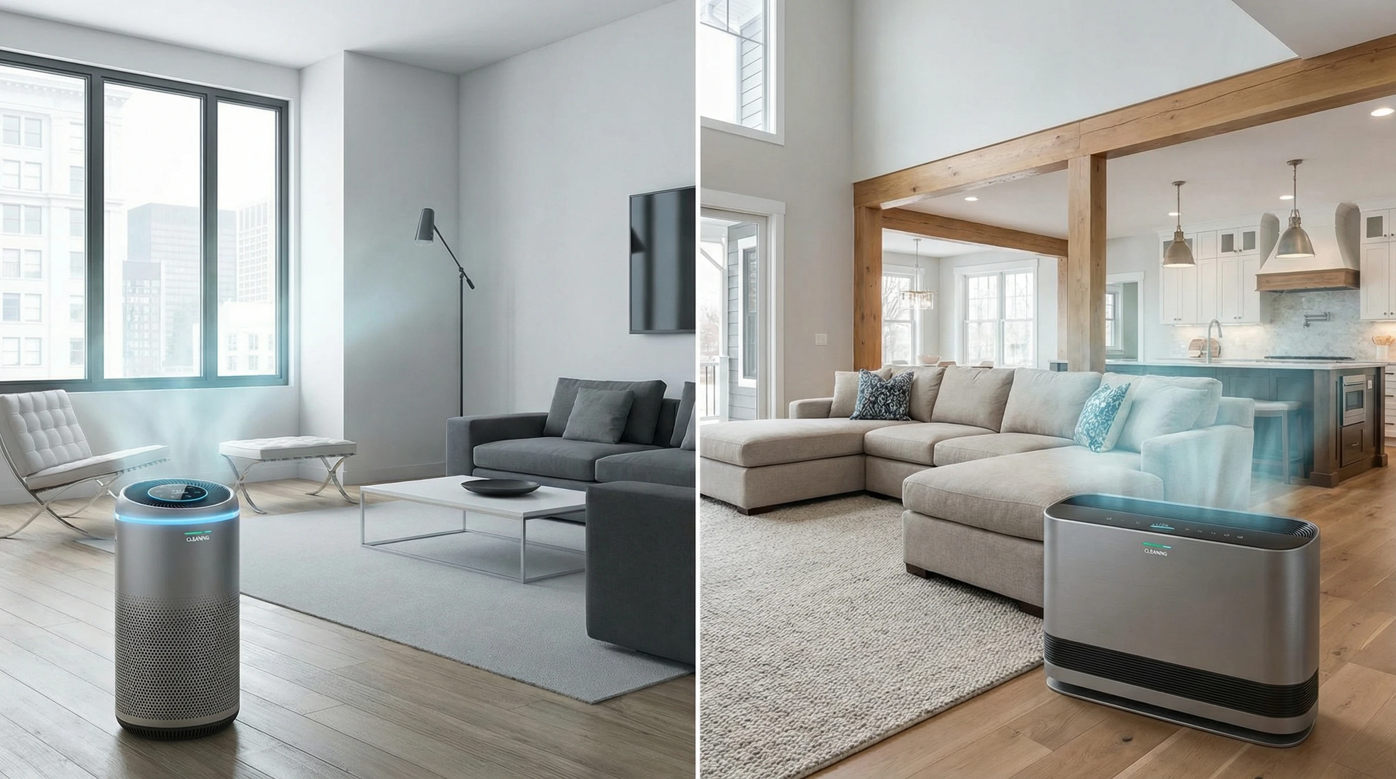 Modern apartment and spacious home with air purifiers in use