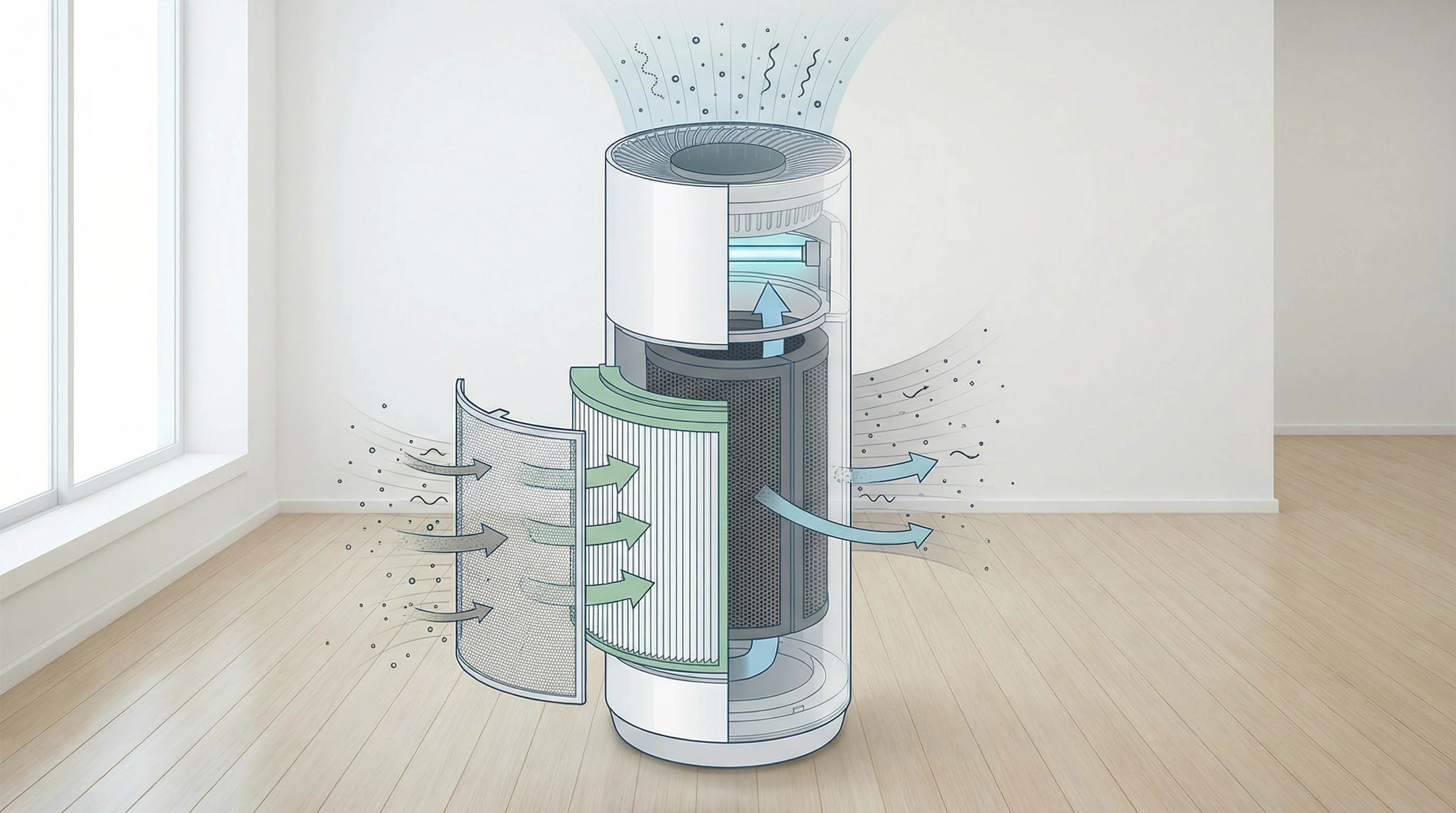 Air purifier showing multiple filtration stages with labeled filter layers removing various indoor pollutants