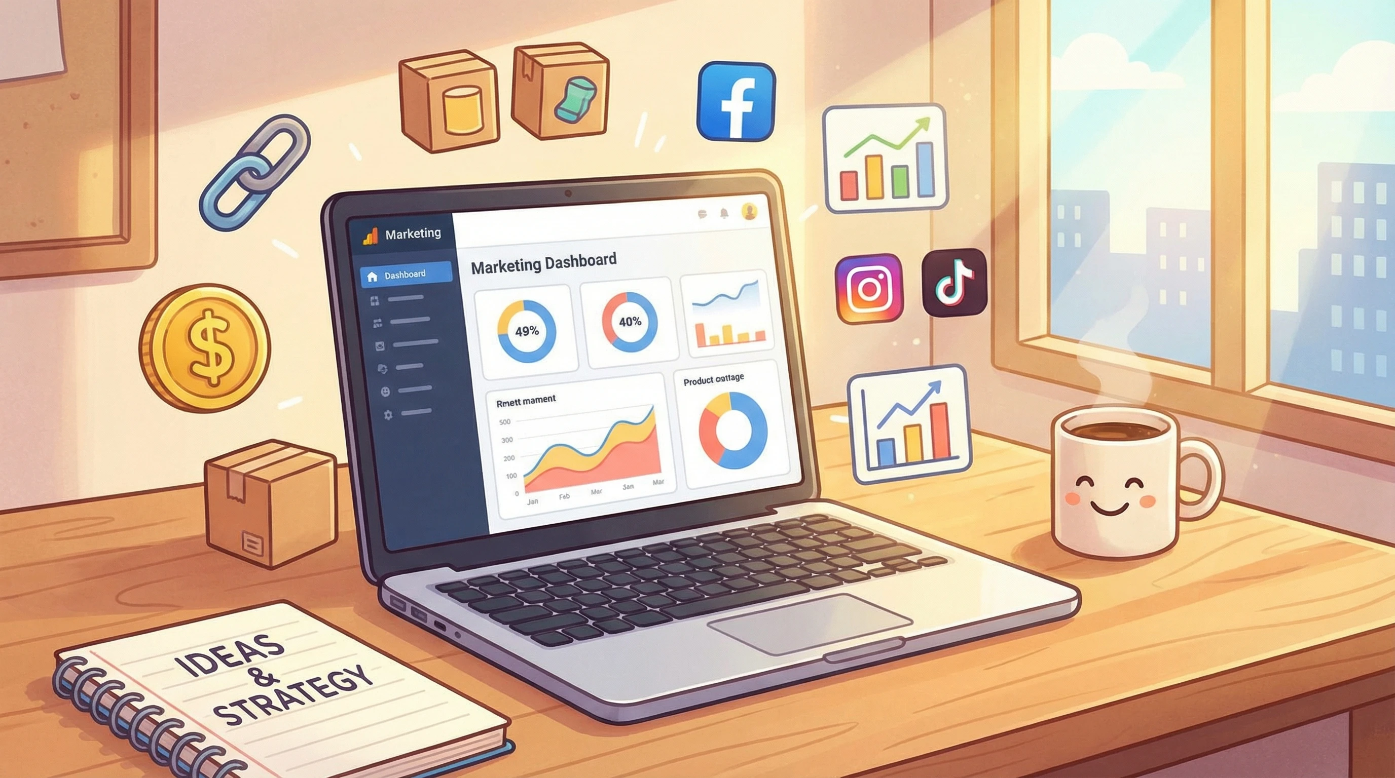 Illustration of a laptop, digital products, and blog elements on a desk.