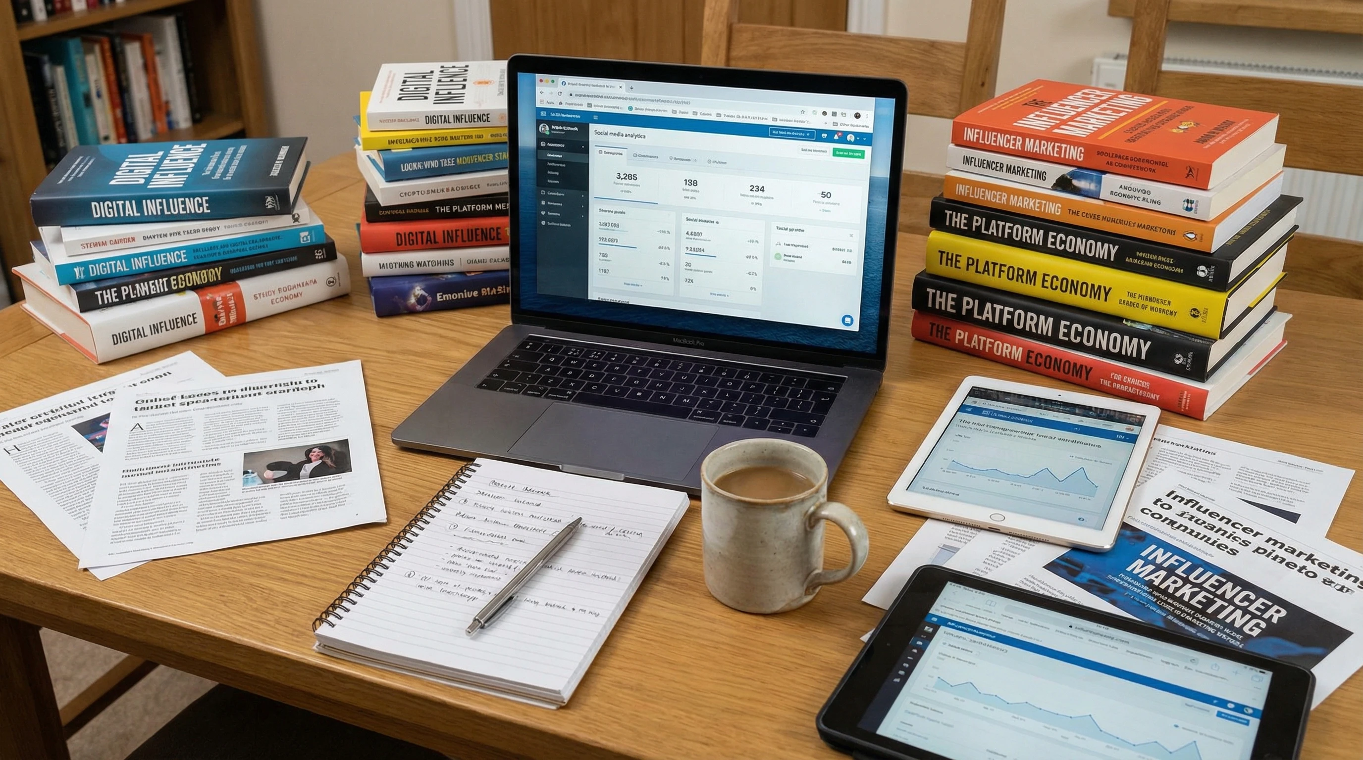 A desk with a laptop, notebook, and coffee mug, surrounded by stacks of reference books and various web resources representing online influence.