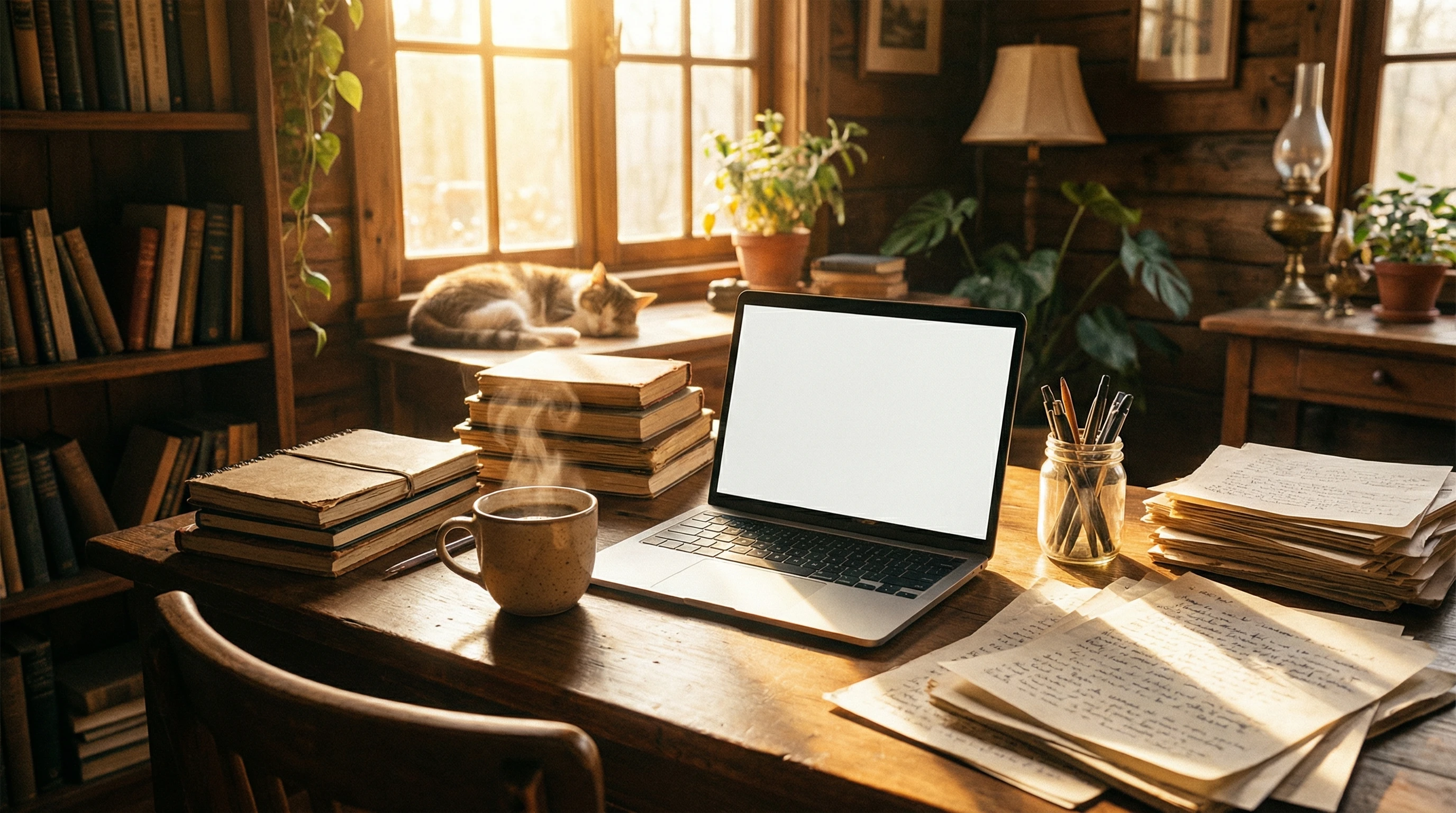 Open laptop, notebook, cup of coffee, and scattered manuscripts on a wooden desk, sunlight streaming in, symbolizing creative writing workspace.