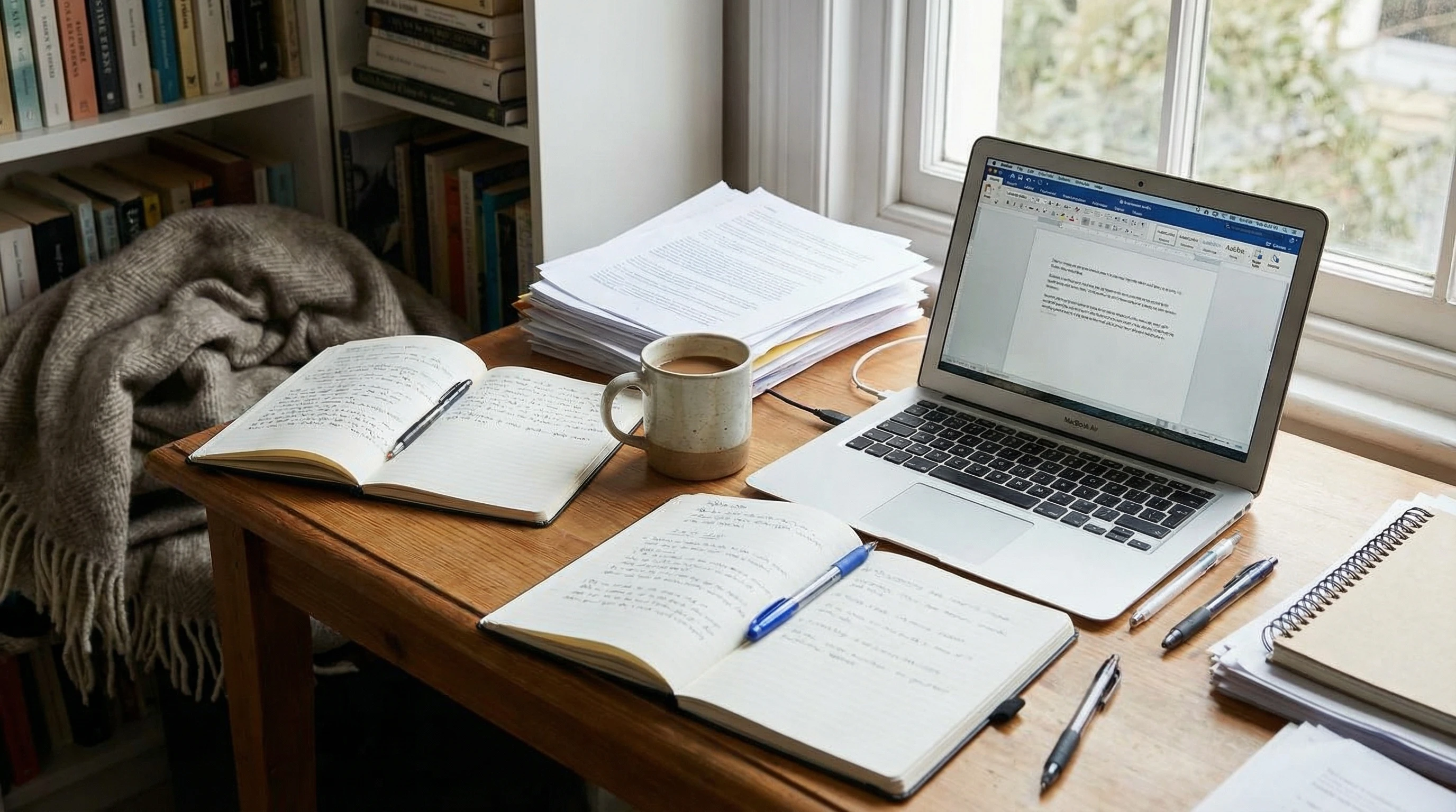 A cozy workspace with notebooks, coffee, a laptop, and papers scattered, giving a creative writerly vibe
