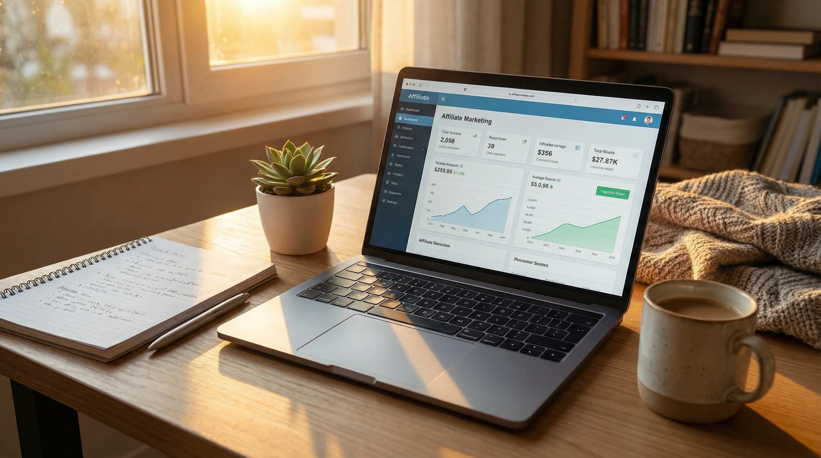 An inviting workspace setup with a laptop, plant, notebook, and a cup of coffee, focused on creating affiliate content.