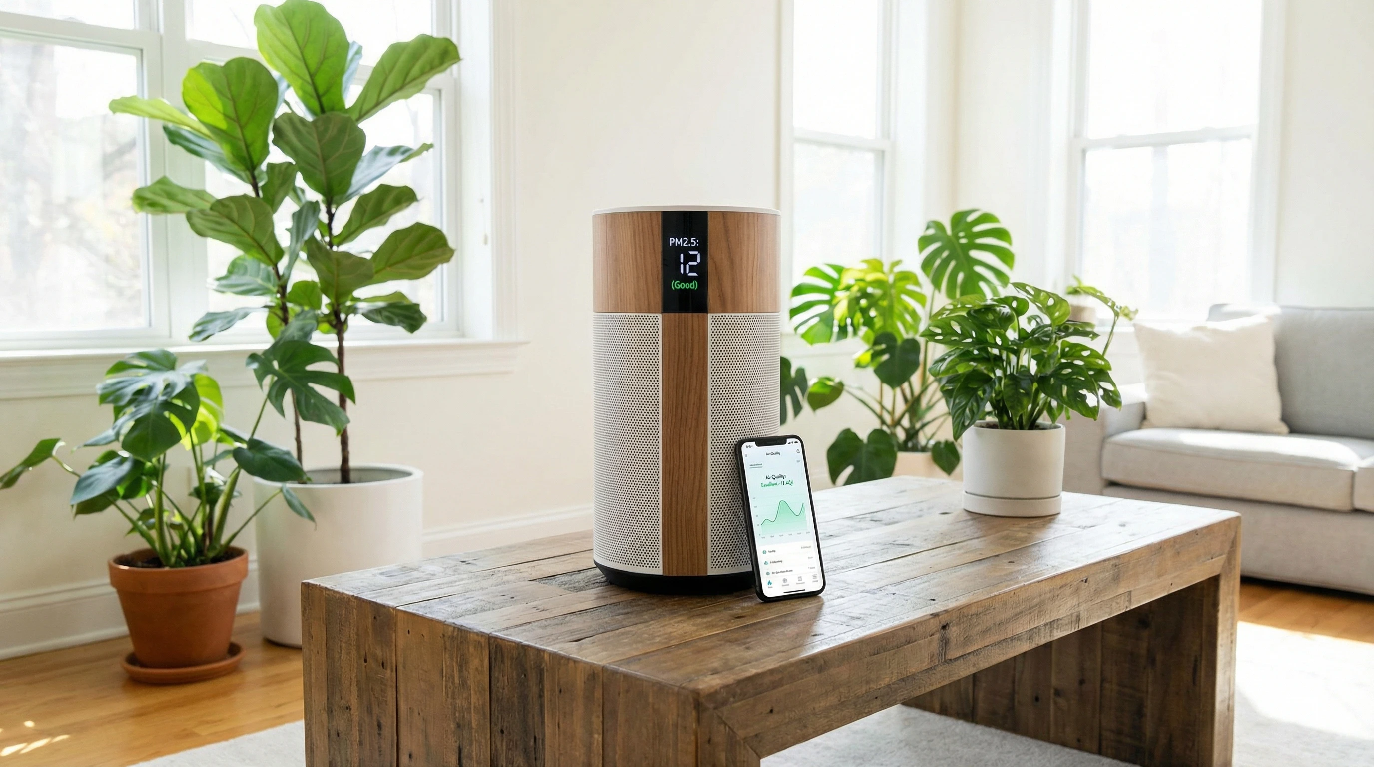 The Rise Of Smart Purifiers. A modern smart air purifier on a wooden table in a bright living room next to indoor plants. A smartphone nearby shows an air quality monitoring app, while soft sunlight pours through large windows.