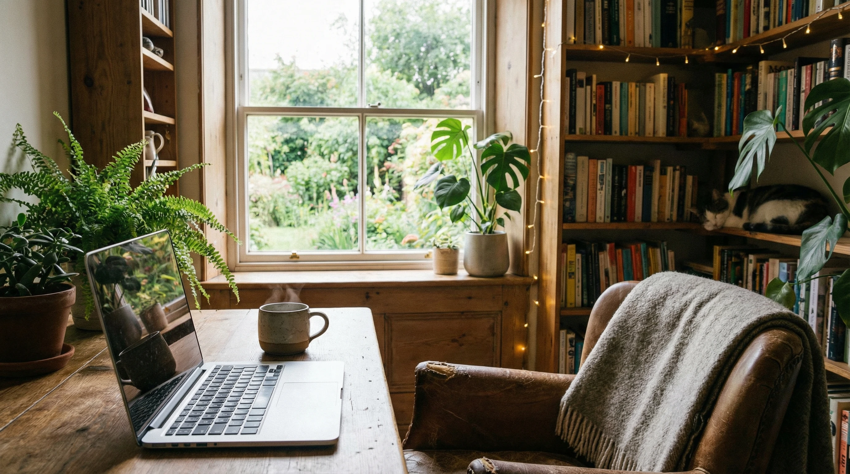 A simple home workspace with a laptop and coffee mug, surrounded by greenery and light via a window