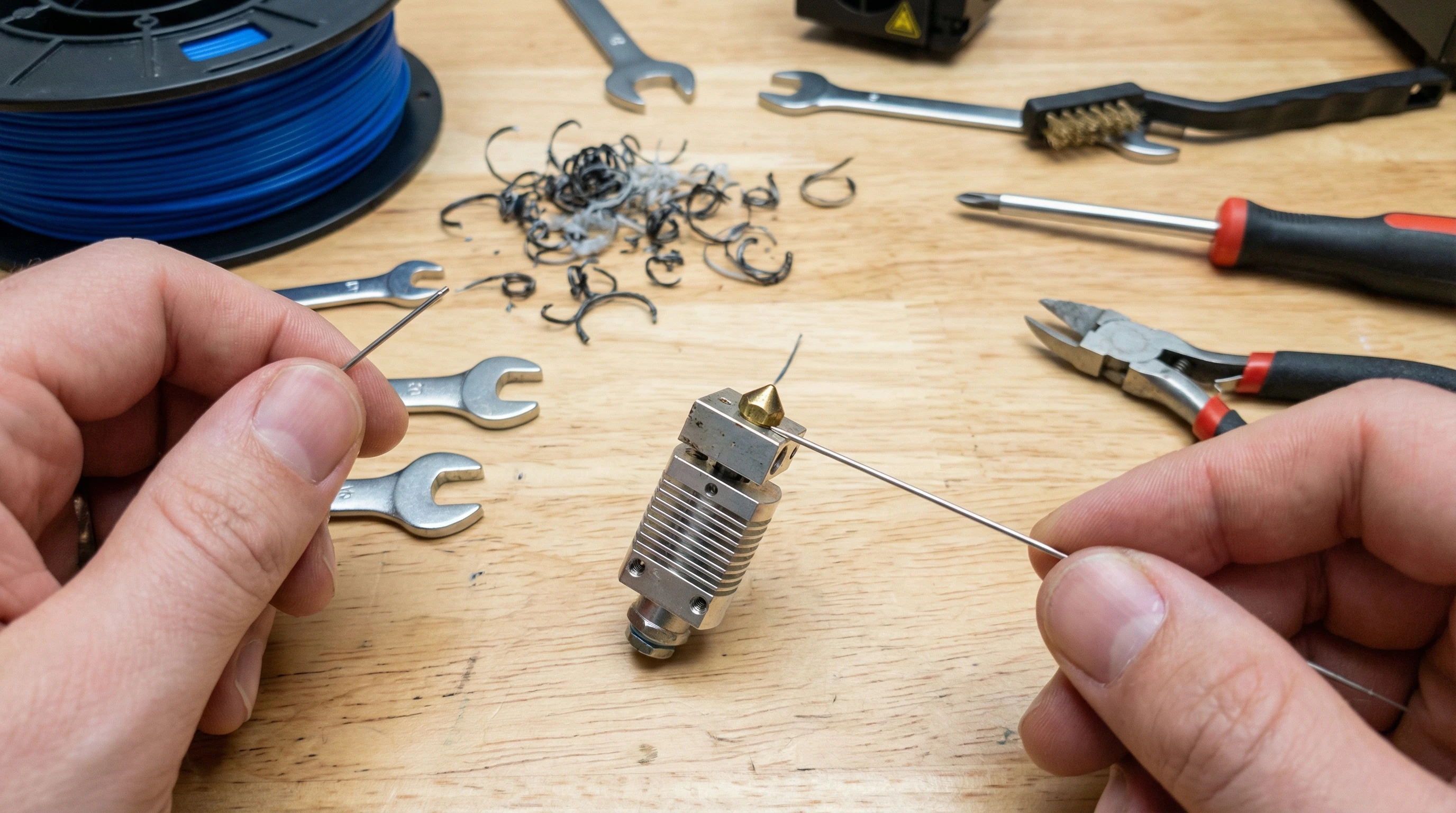 Unclogging a clogged 3D printer nozzle on a workbench with cleaning tools and PLA filament debris.