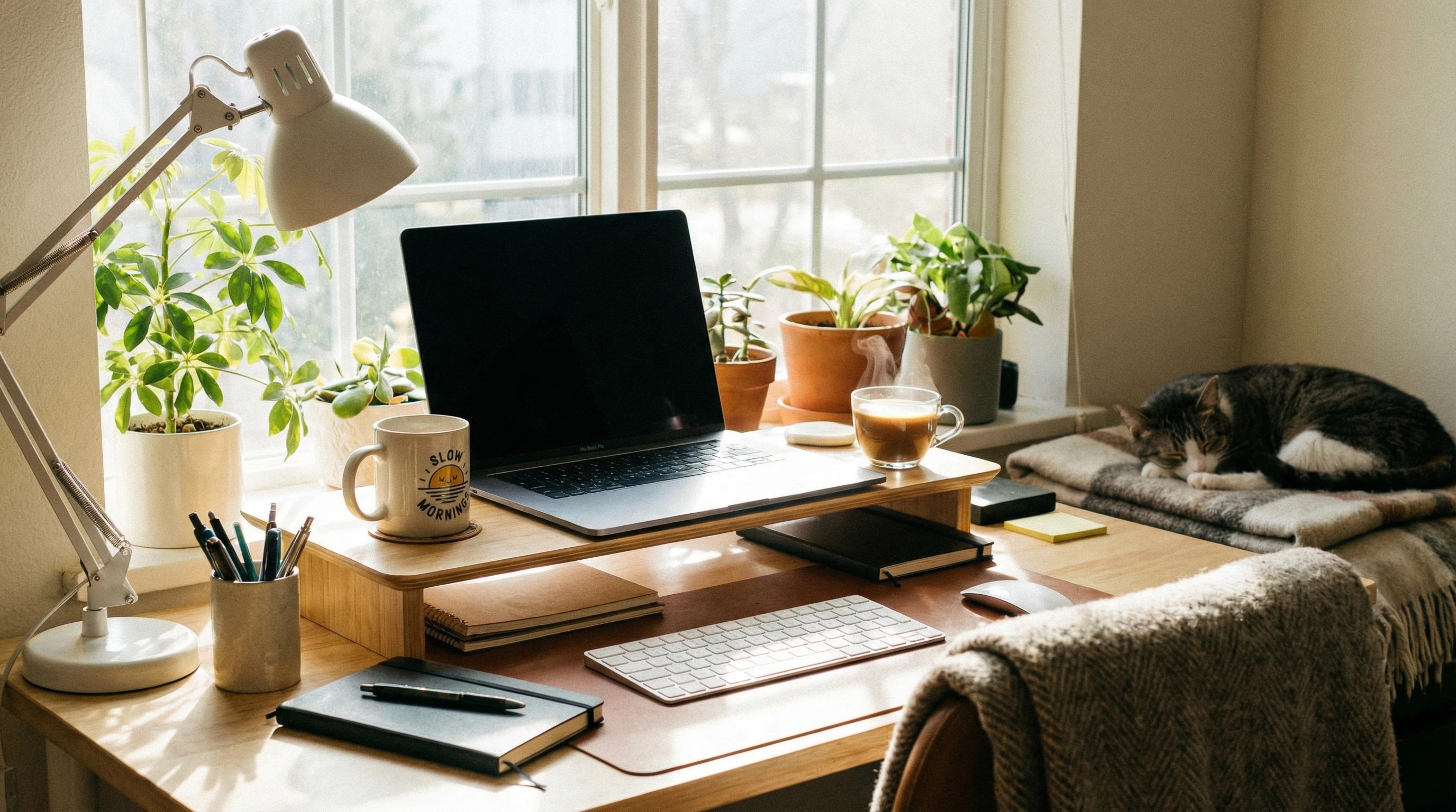 A simple desk setup with a laptop and coffee cup in a bright, welcoming room