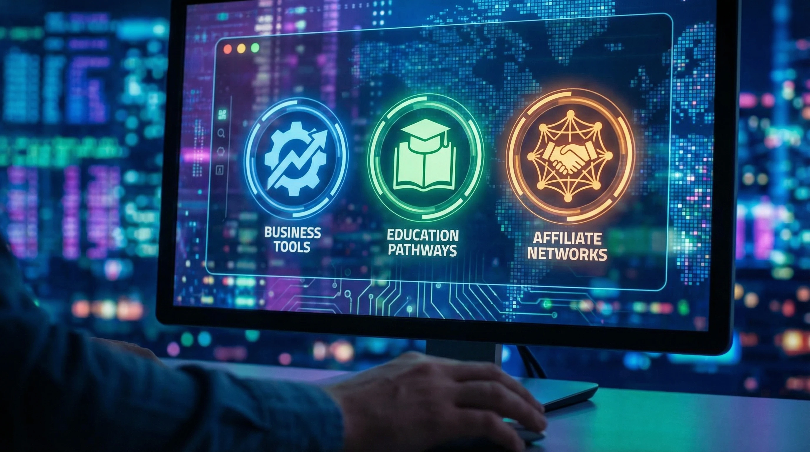 A detailed, user-friendly computer interface with icons representing online business tools, educational pathways, and affiliate marketing networks, glowing against a digital landscape background.