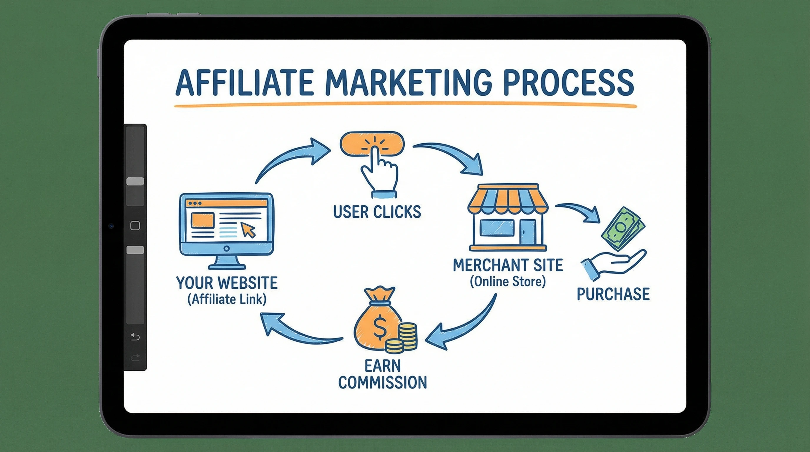An illustrated web diagram showing affiliate marketing process: website, user clicks, merchant, commission icons interconnected