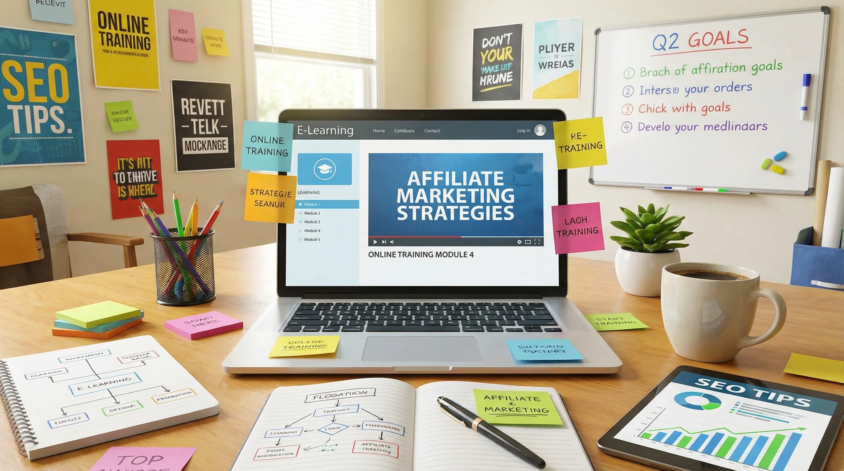 Colorful workspace with open laptop and online training modules displayed, surrounded by notes and coffee, representing active online learning and affiliate marketing strategies.