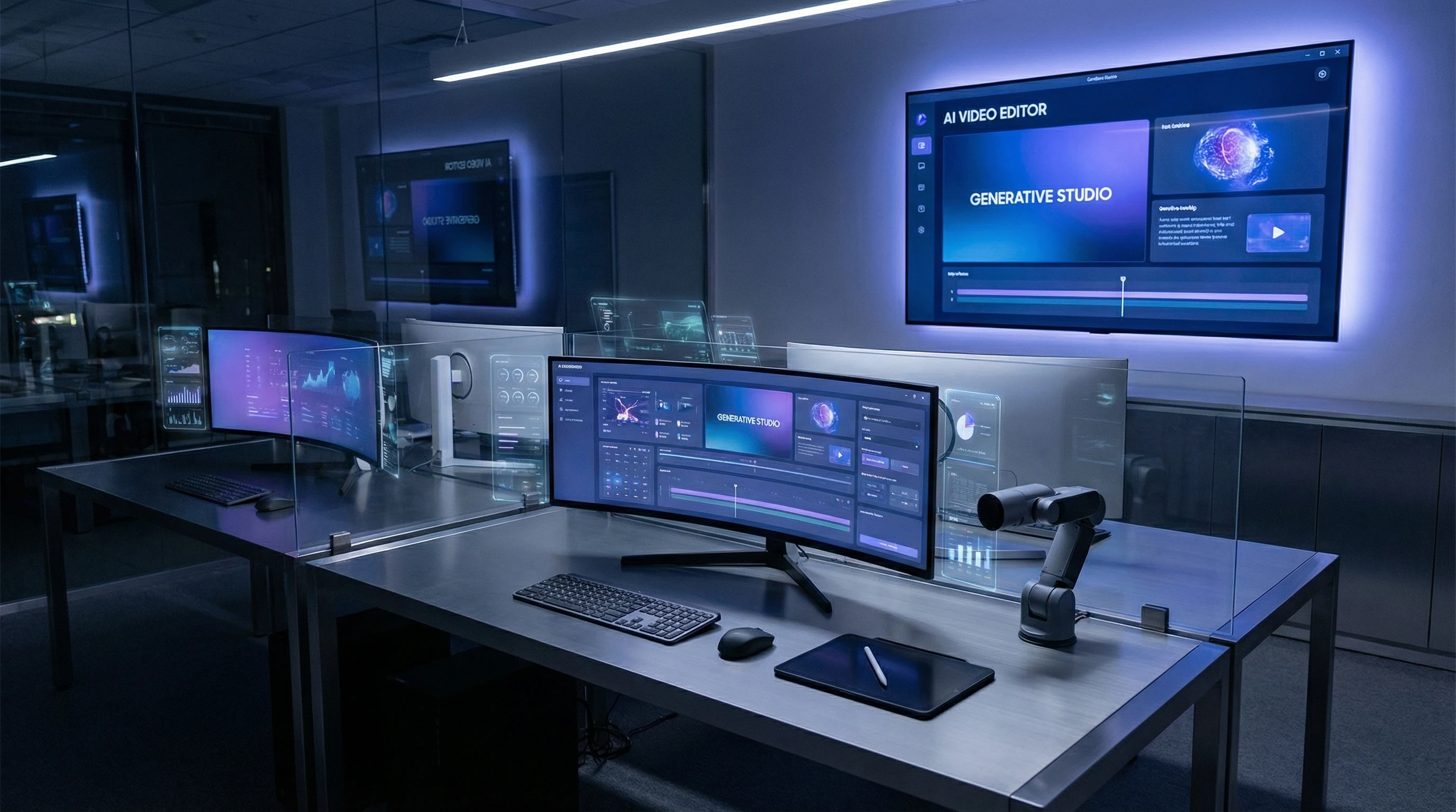 AI-powered video production workflow, featuring computers, screens, and creative digital elements.