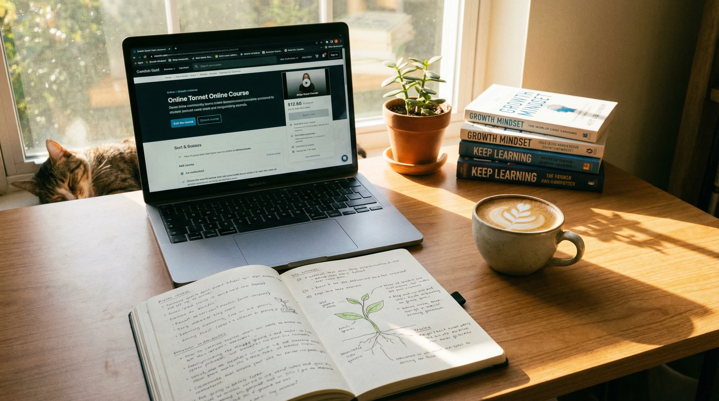 A peaceful workspace with a laptop, notebook, and a cup of coffee, sunlight streaming onto the desk, symbolizing online learning and growth.