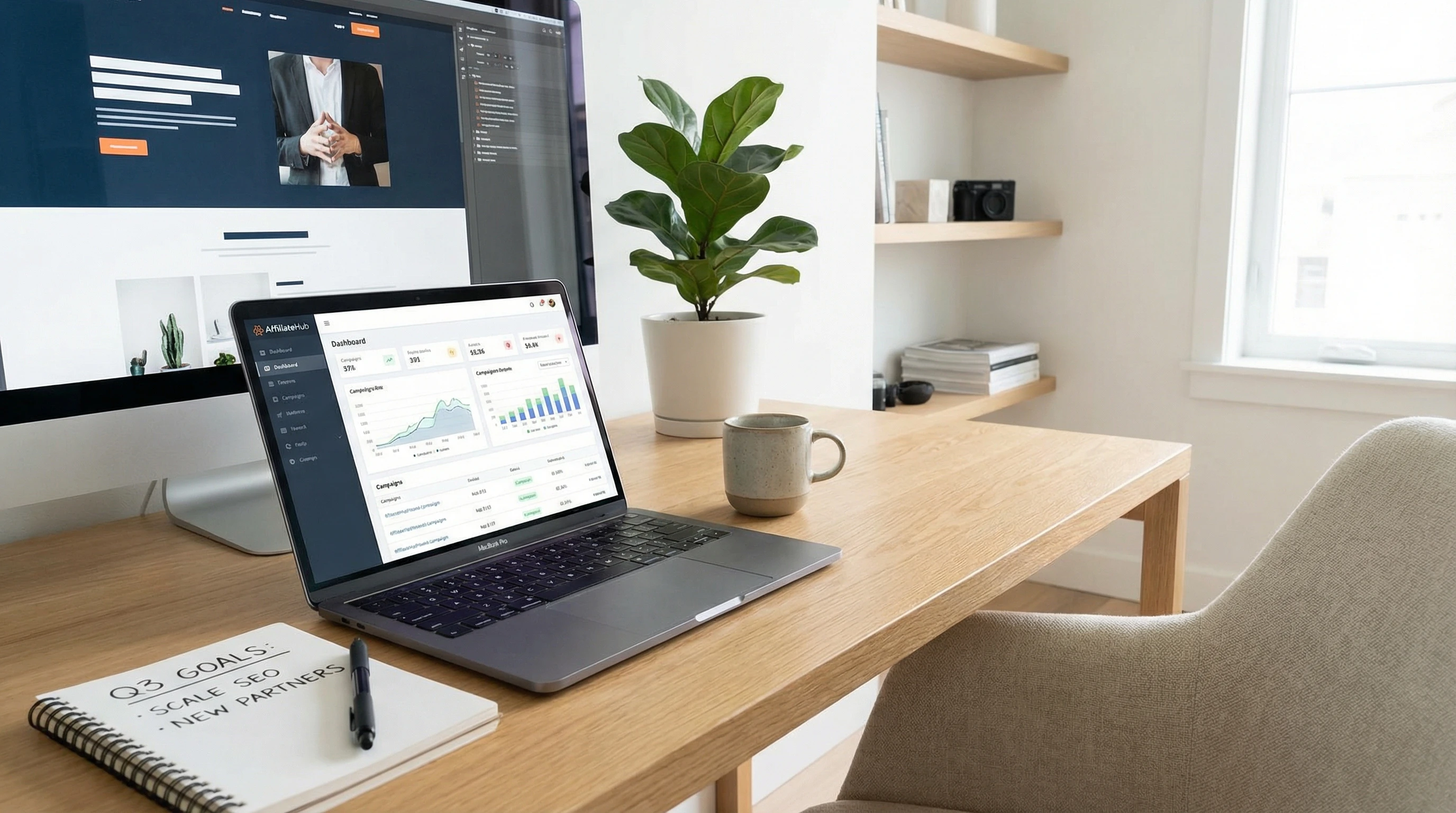 A cozy workspace featuring a laptop, notebook, and cup of coffee, symbolizing online learning and affiliate marketing success.