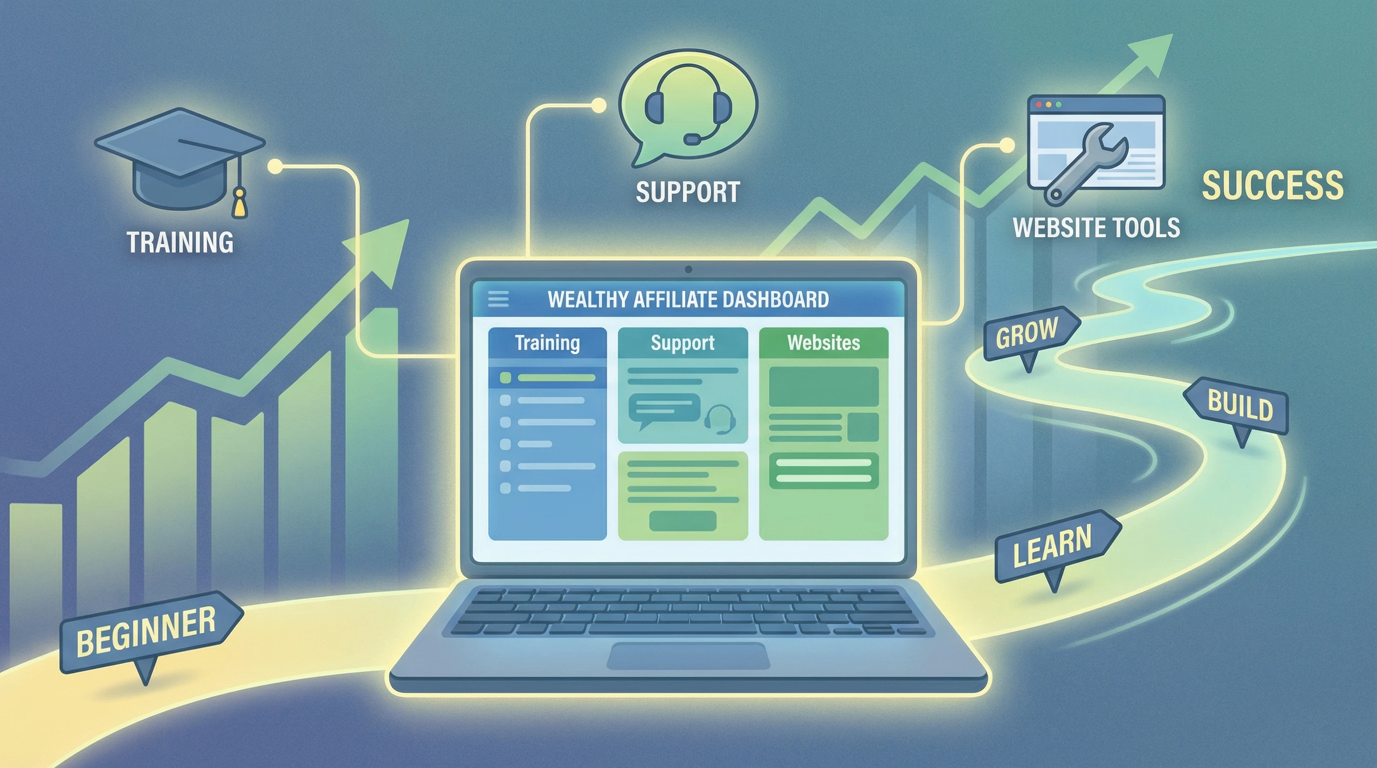 Wealthy Affiliate dashboard, step-by-step training, and laptop with growth charts