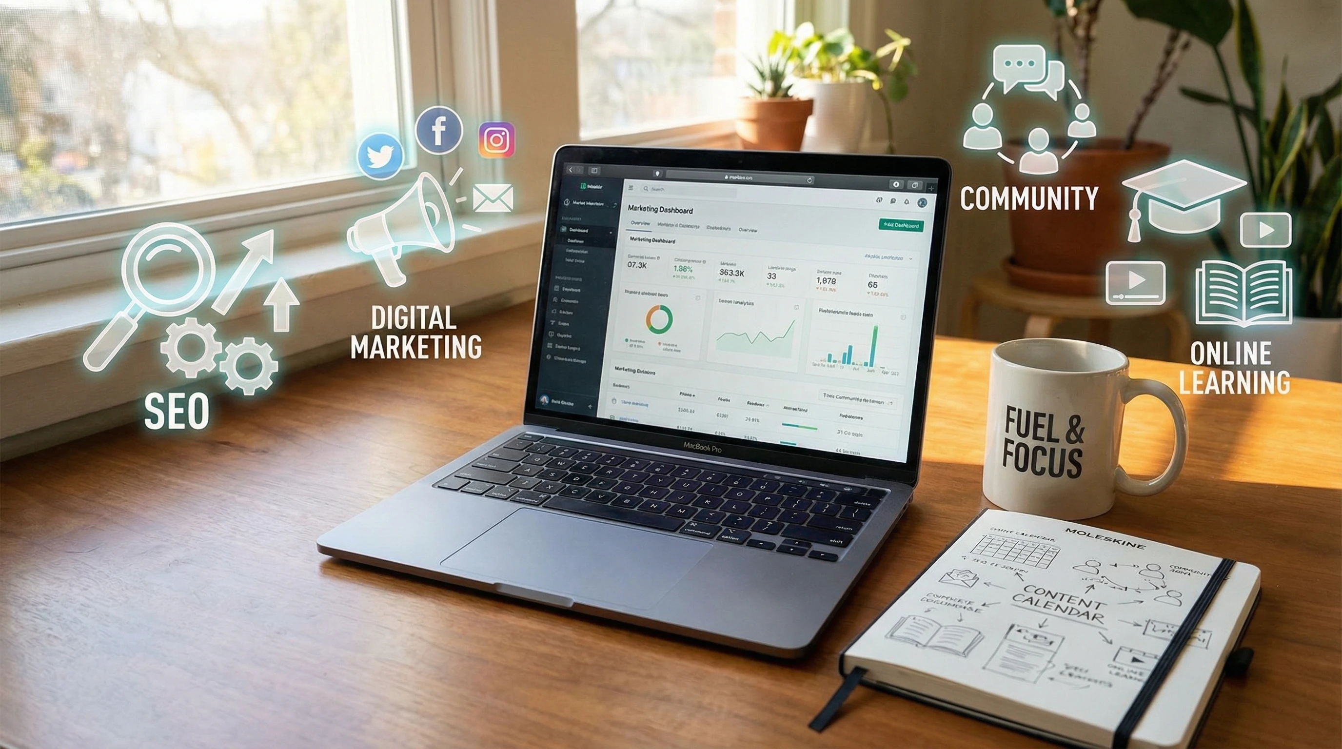 A modern workspace with a laptop and digital marketing icons