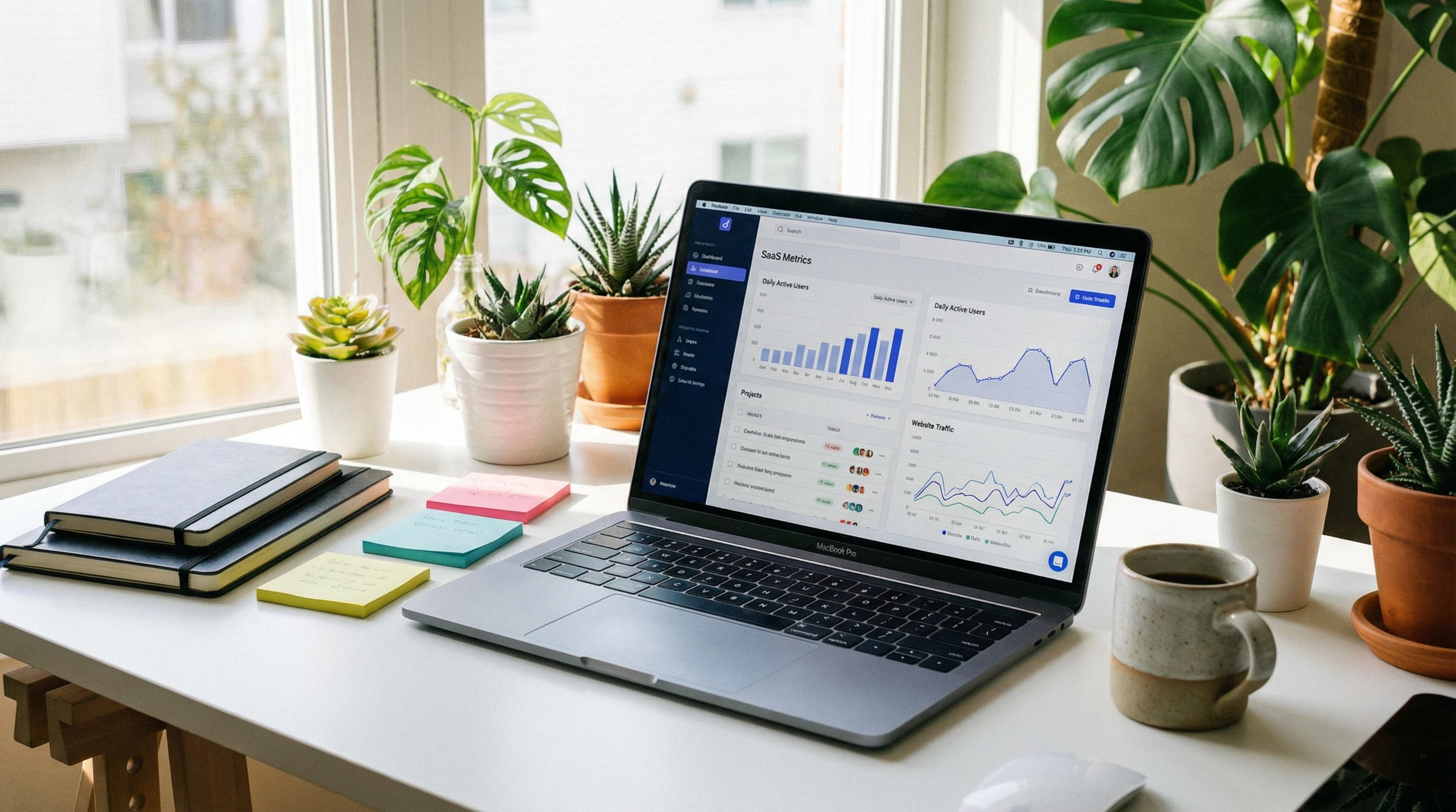 Wide screenshot of a clean, modern computer setup with several browser tabs open featuring analytics, website creation tools, and online learning platforms, all blending together in a bright workspace.