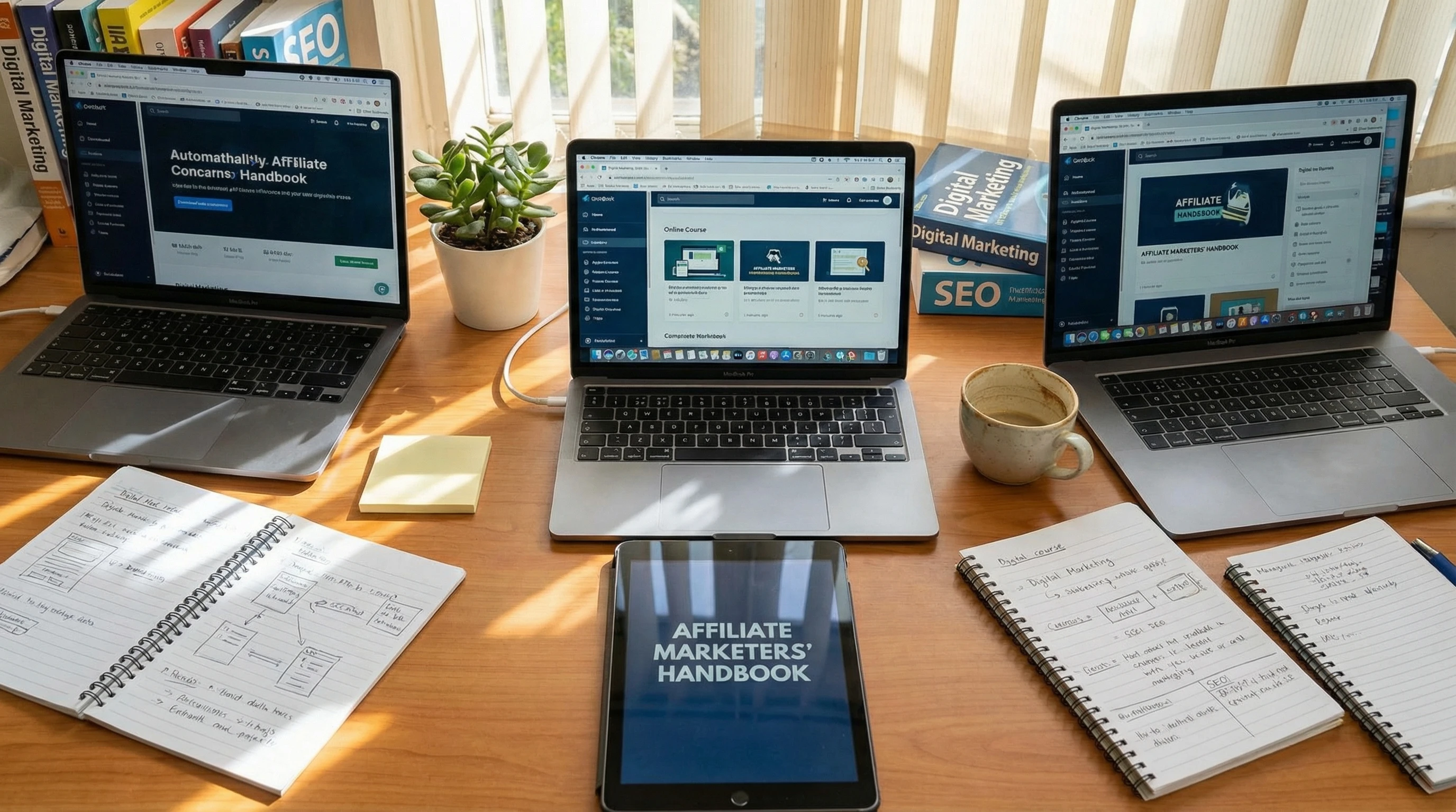 A creative workspace with laptops, notepads, and coffee, symbolizing an online learning environment for affiliate marketers