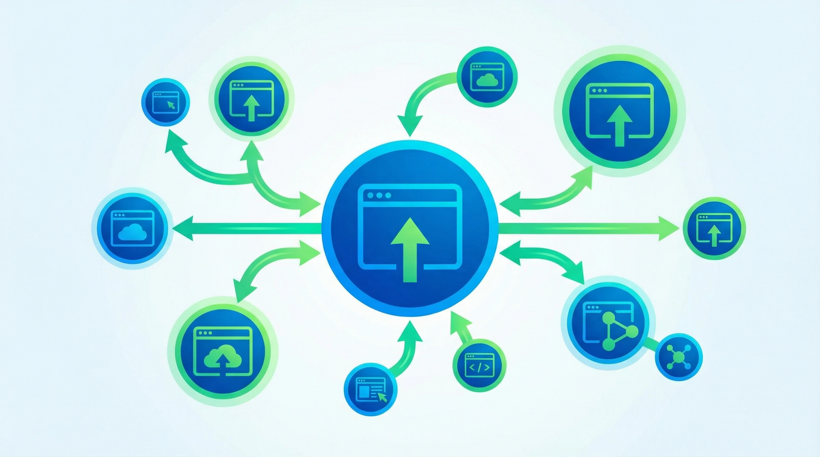 A concept illustration of Wealthy Affiliate showing a network of websites and digital arrows connecting to a central website, representing organic web traffic growth.
