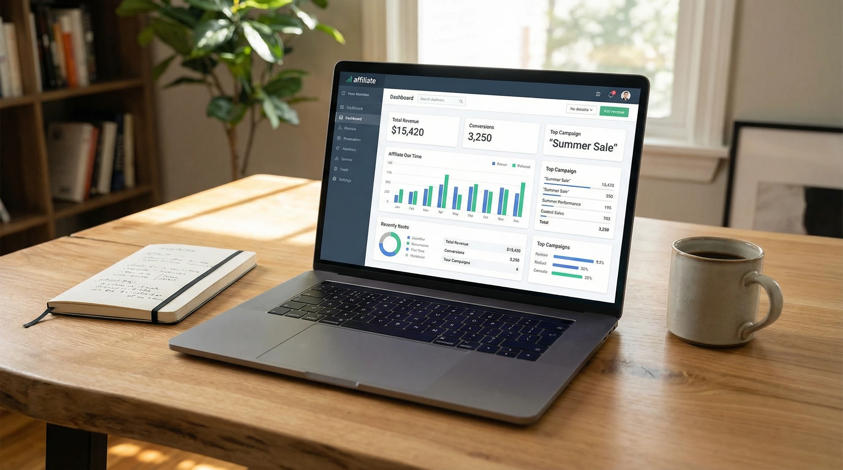 A modern laptop on a table displaying an affiliate marketing dashboard, with a notebook and coffee mug nearby.