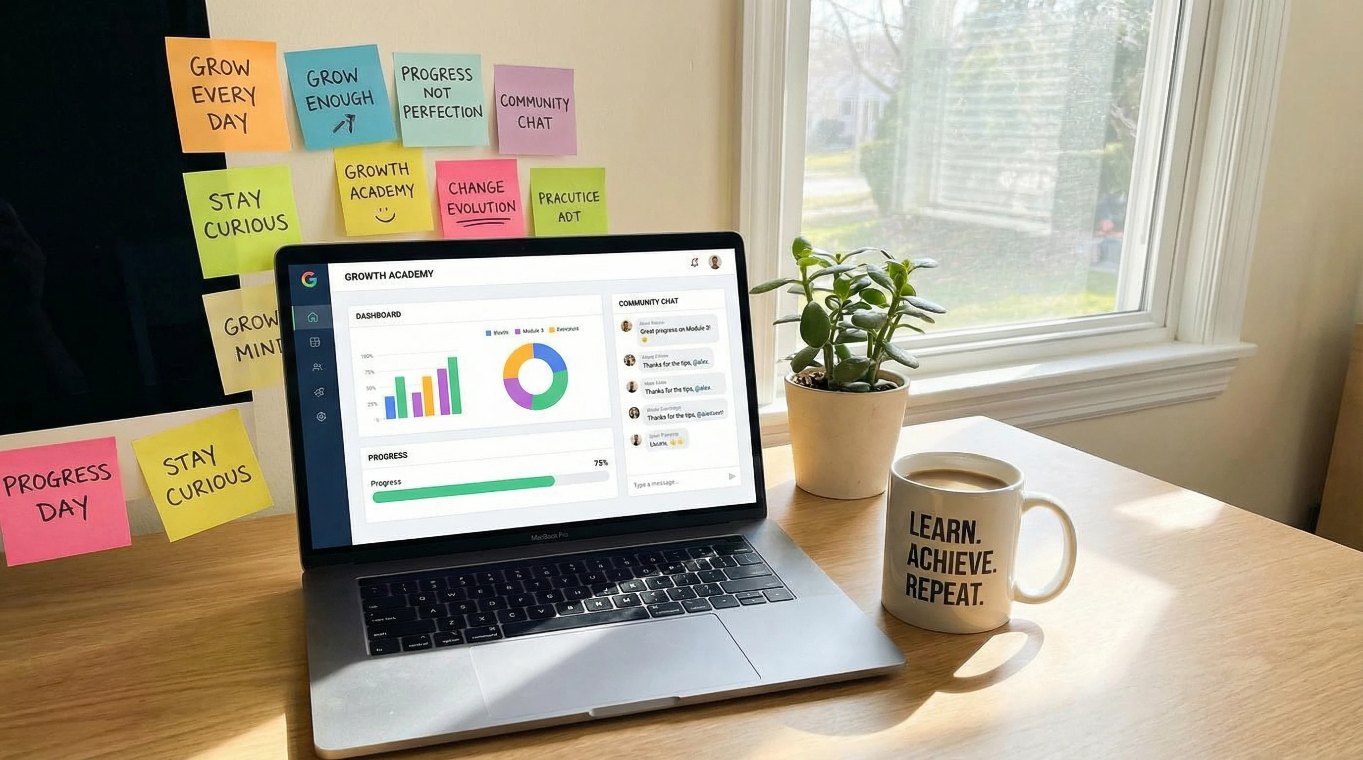 A bright workspace with a laptop, motivational sticky notes, and coffee. The screen displays a training dashboard with charts and community comments, capturing a vibrant online learning vibe.