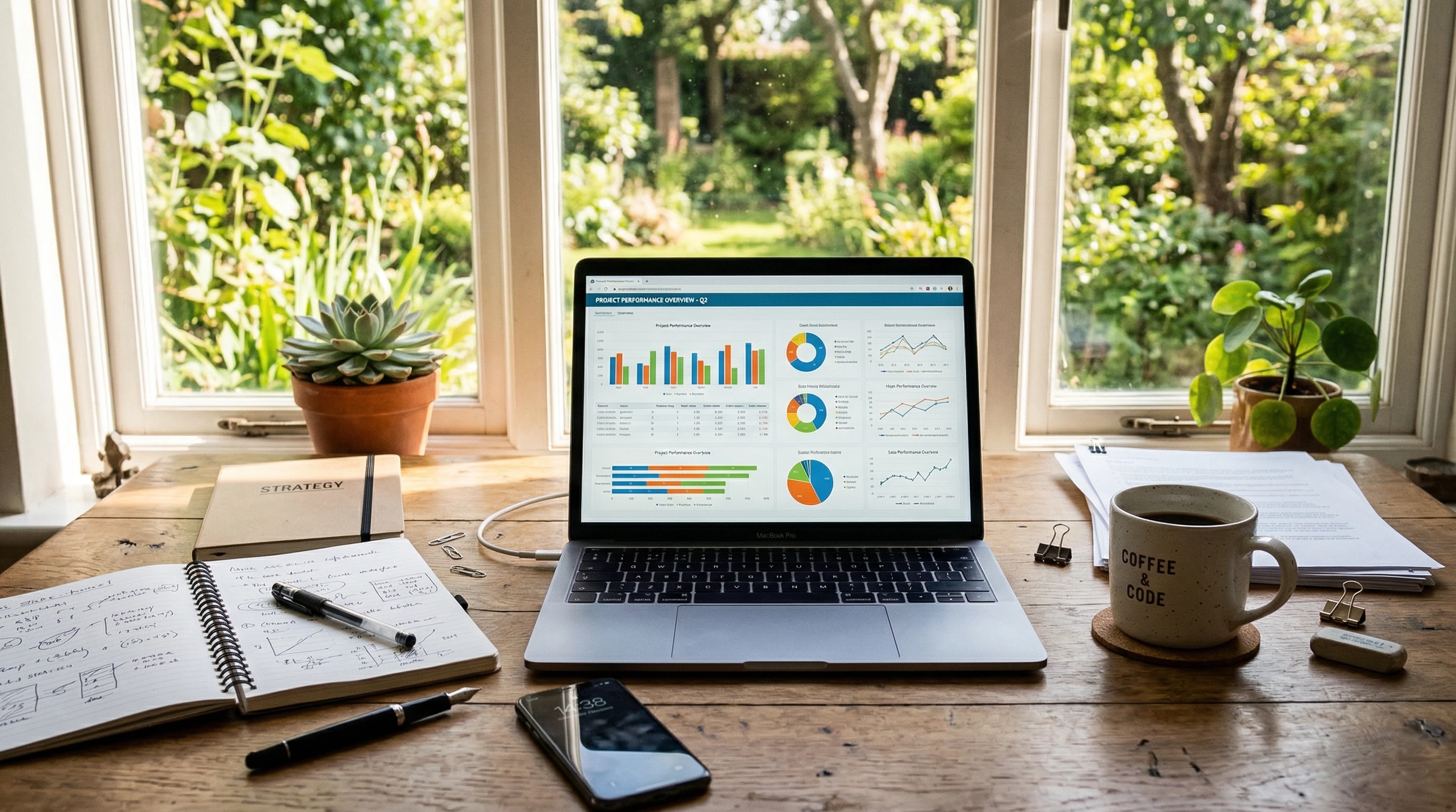 A laptop with wealthy affiliate charts and graphs on the screen, surrounded by notebooks and coffee, on a sunny desk with greenery in the background.